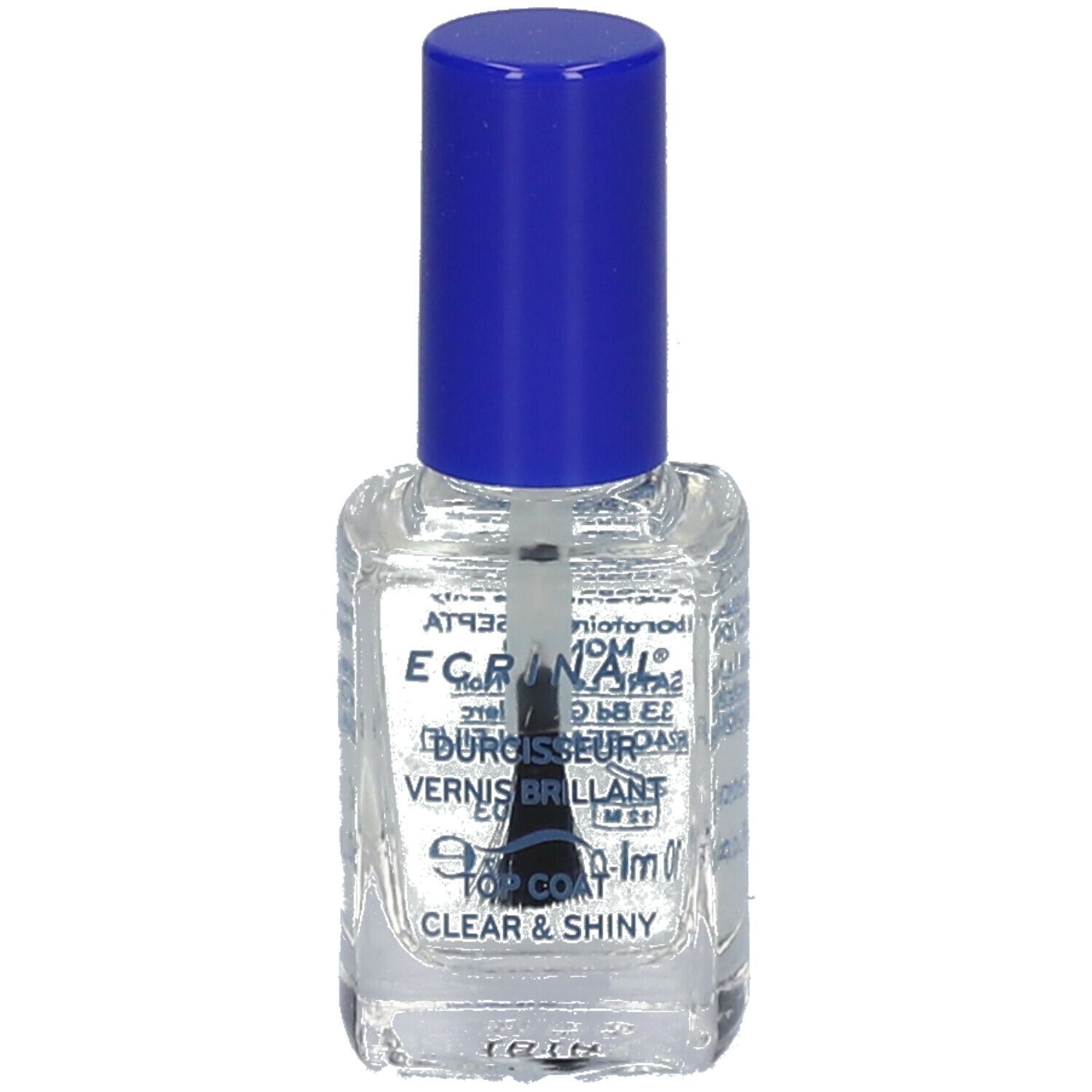 Durcisseur de vernis à ongles transparent, flacon en verre avec bouchon bleu et pinceau. Inscriptions.