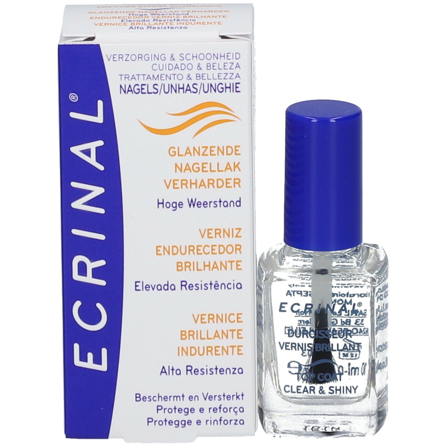 Durcisseur d'ongles avec emballage. Flacon avec bouchon bleu et pinceau. Emballage avec texte.