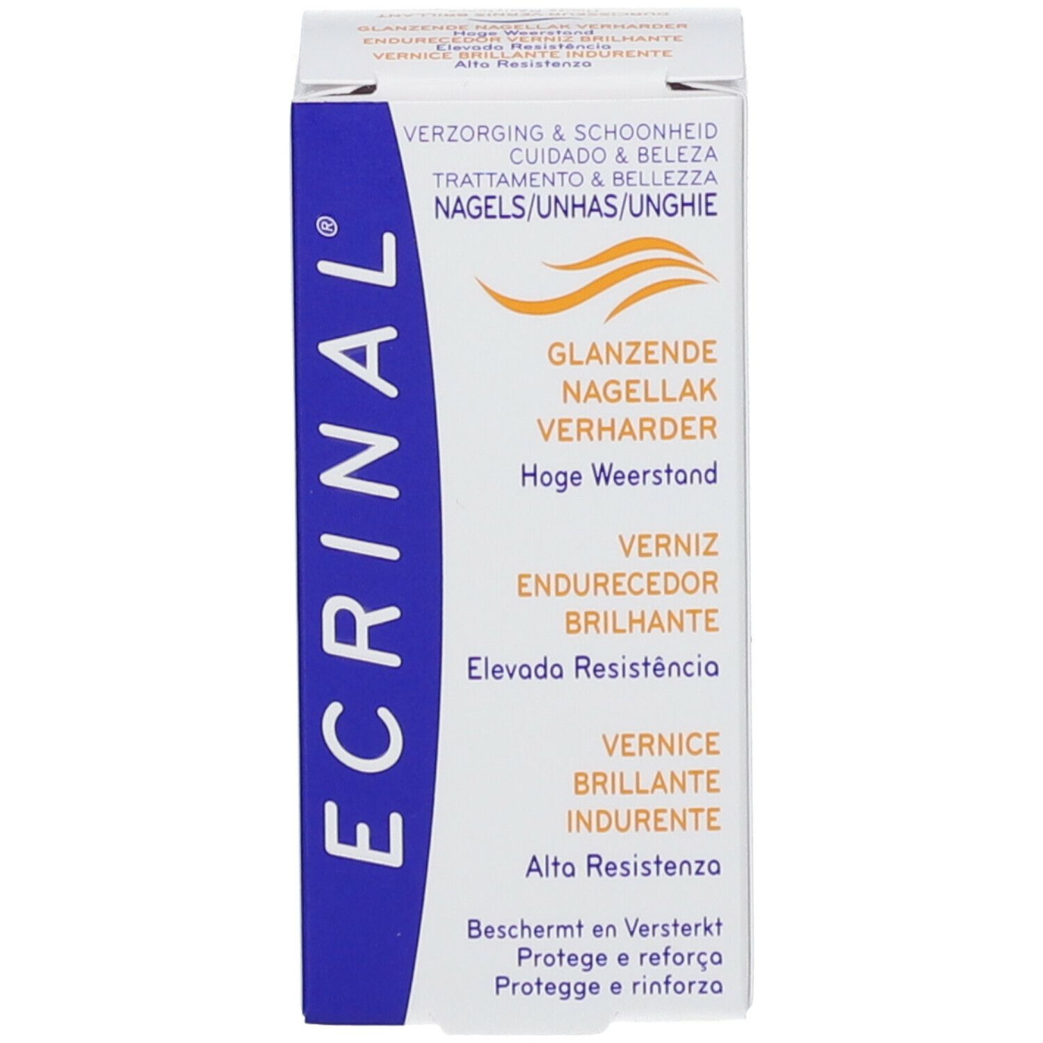 Emballage pour durcisseur d'ongles. Boîte blanche avec texte et logo.