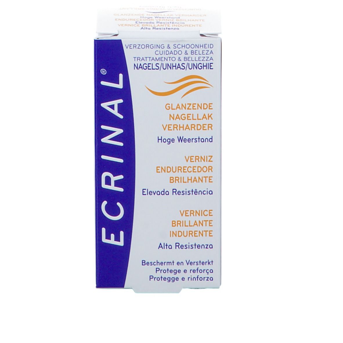 Emballage pour durcisseur d'ongles. Boîte blanche avec texte et logo.