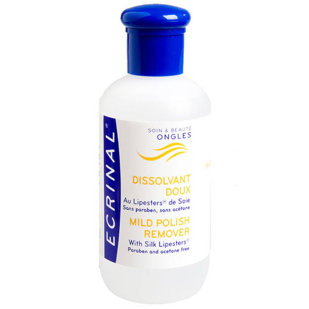 Flacon de dissolvant doux ECRINAL, bouchon bleu. Sans acétone. Inscription: Mild Polish Remover.