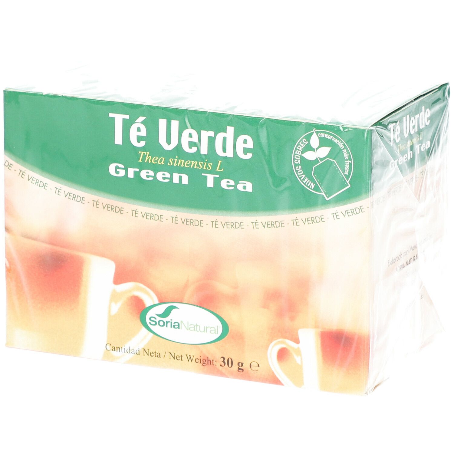 Boîte de thé vert. Inscription : Té Verde, Green Tea, Soria Natural. Emballage avec sachets de thé.