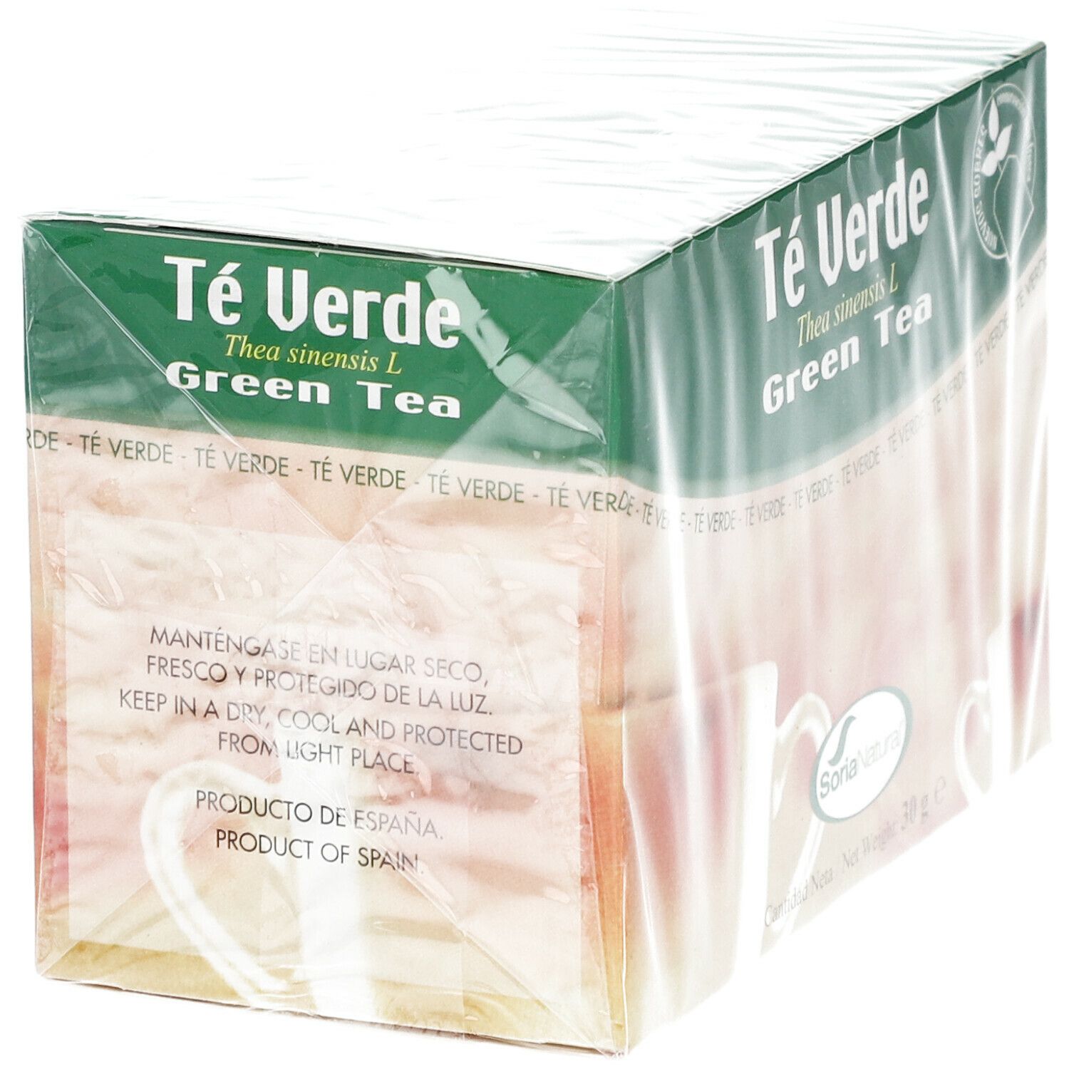 Boîte de thé vert. Inscription : Té Verde, Green Tea. Texte : Conserver au sec, à l'abri de la lumière. Produit d'Espagne.