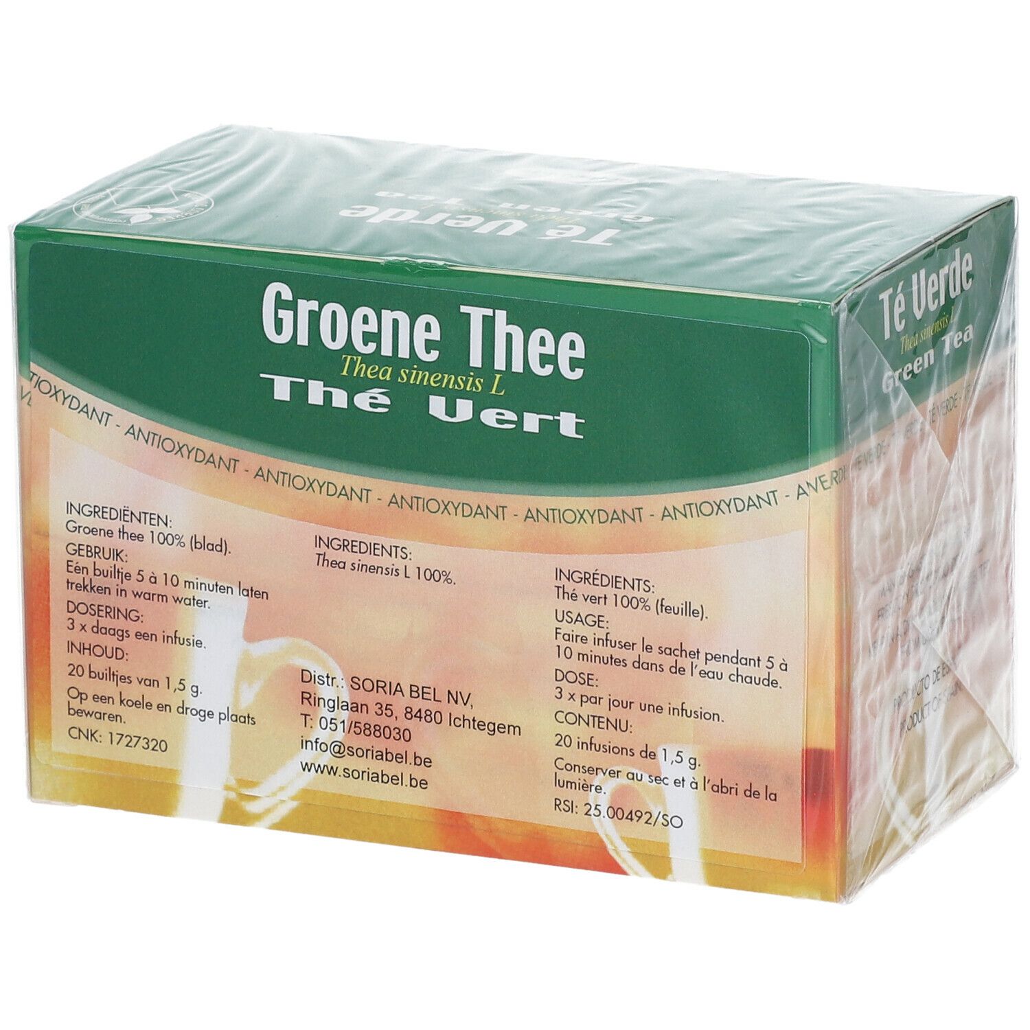 Boîte de thé vert. Inscription : Groene Thee, Thé Vert. Informations sur les ingrédients et l'utilisation. Fabricant : Soria Bel NV.