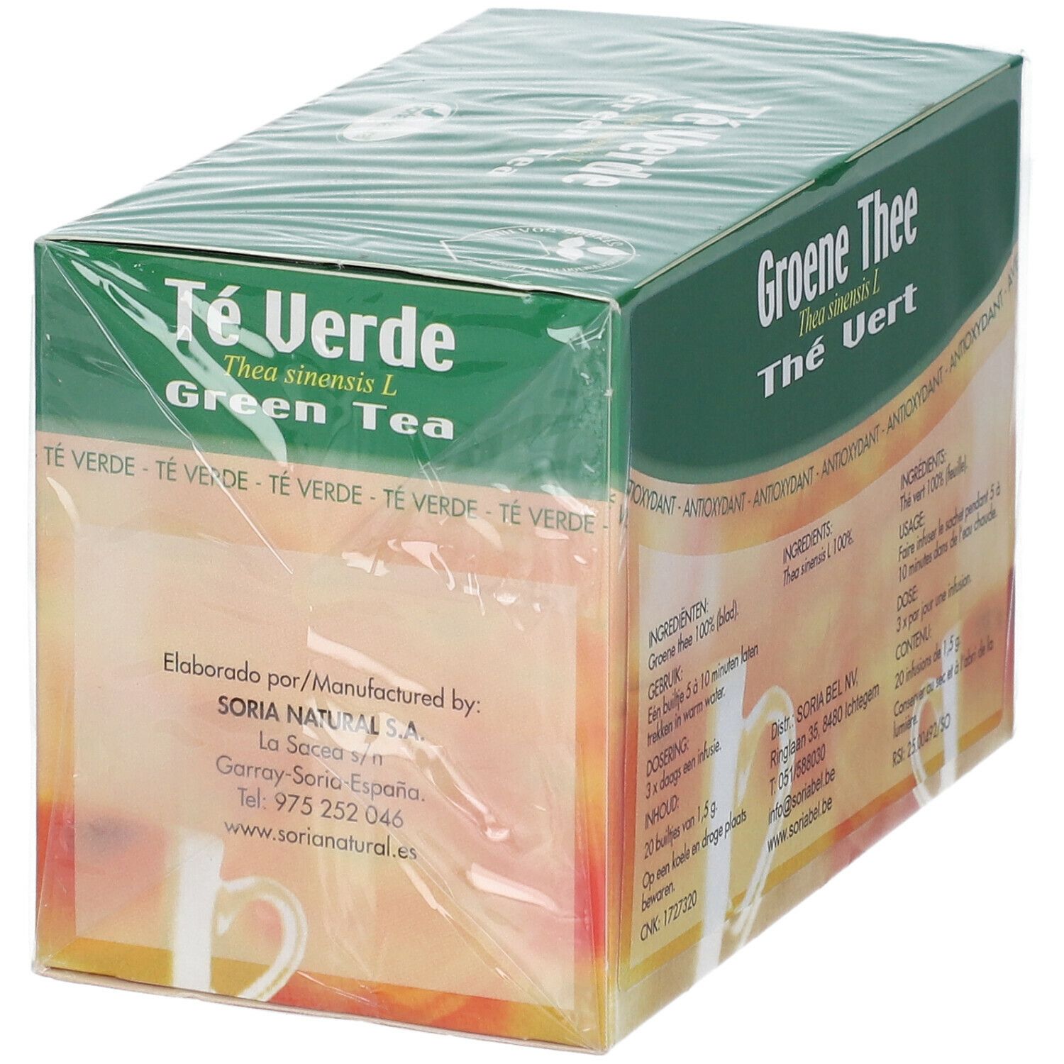 Boîte de thé vert. Inscription : Té Verde, Green Tea. Fabricant : Soria Natural. Informations sur la fabrication et les coordonnées.
