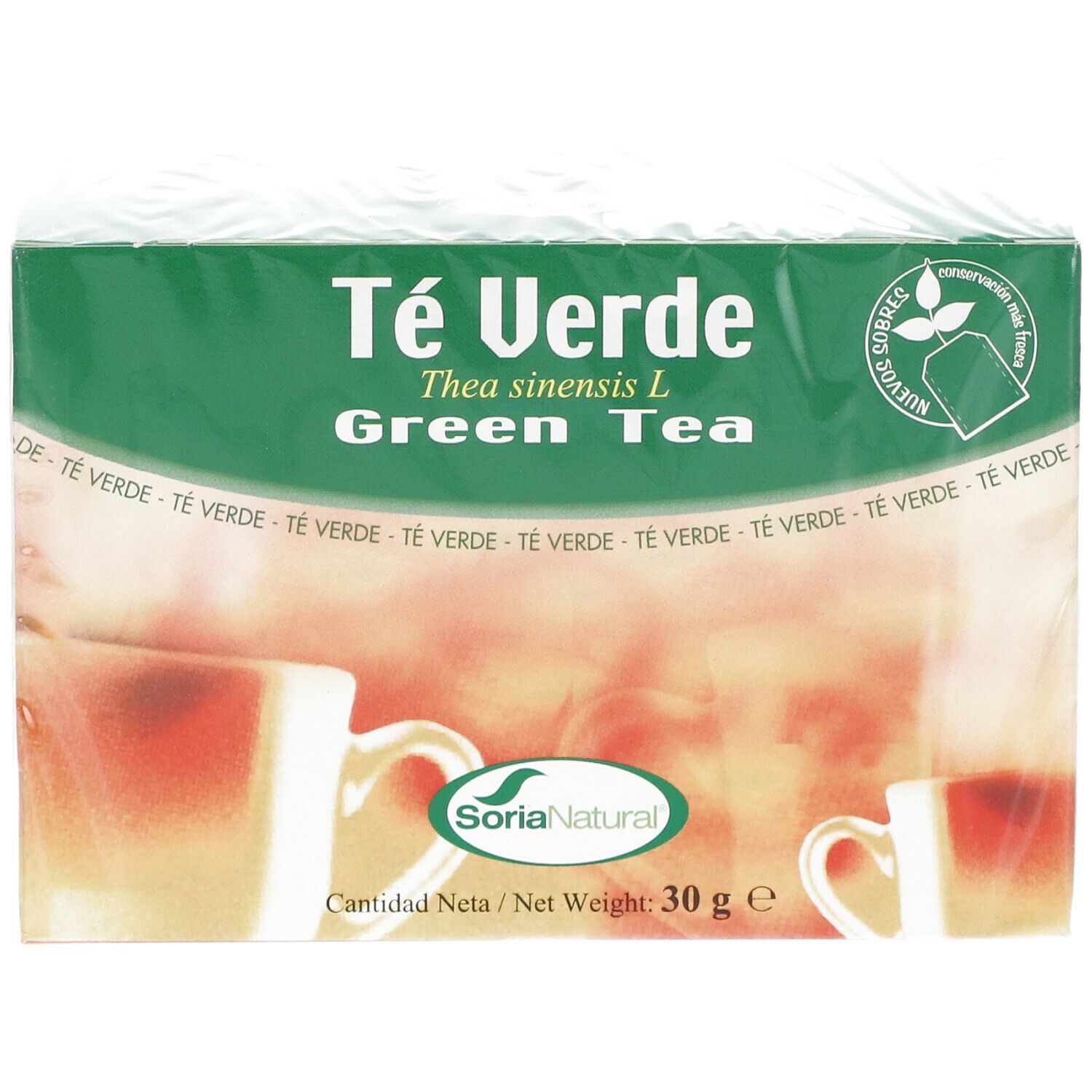 Boîte de thé vert. Inscription : Té Verde, Green Tea, Soria Natural. Poids net : 30 g. Emballage avec sachets de thé.