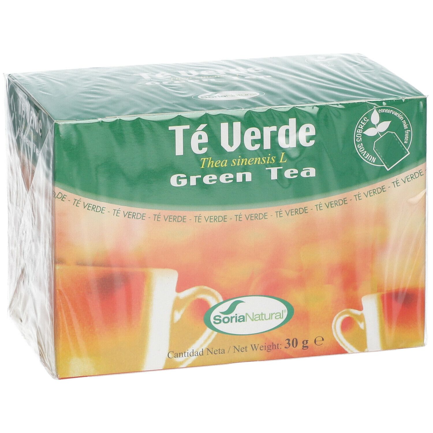Boîte de thé vert. Inscription : Té Verde, Green Tea, Soria Natural. Poids net : 30 g. Emballage avec sachets de thé.
