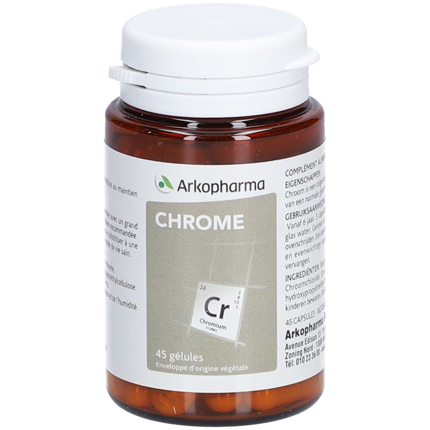 Bruine fles met witte dop. Etiket met Chrome en Arkopharma logo. 45 capsules.