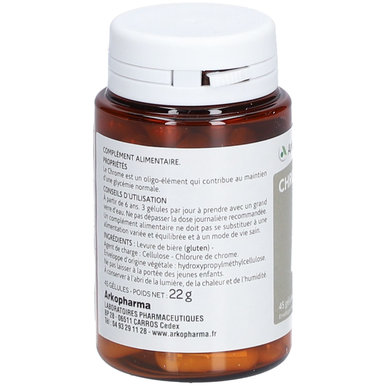 Bruine fles, witte dop. Tekst achterkant. 22g. 45 capsules. Arkopharma logo.