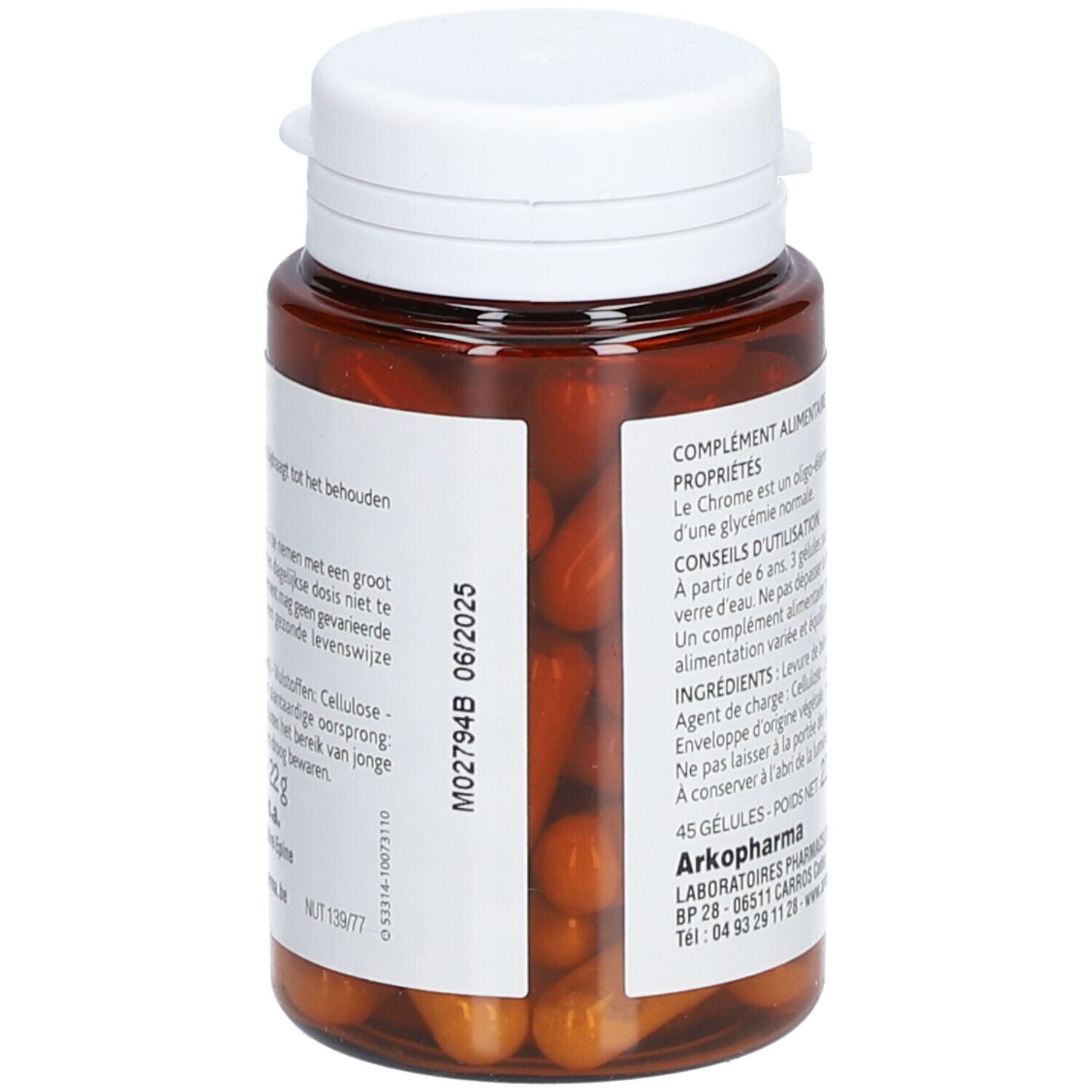 Bruine fles, witte dop. Etiket met tekst en vervaldatum. 45 capsules.
