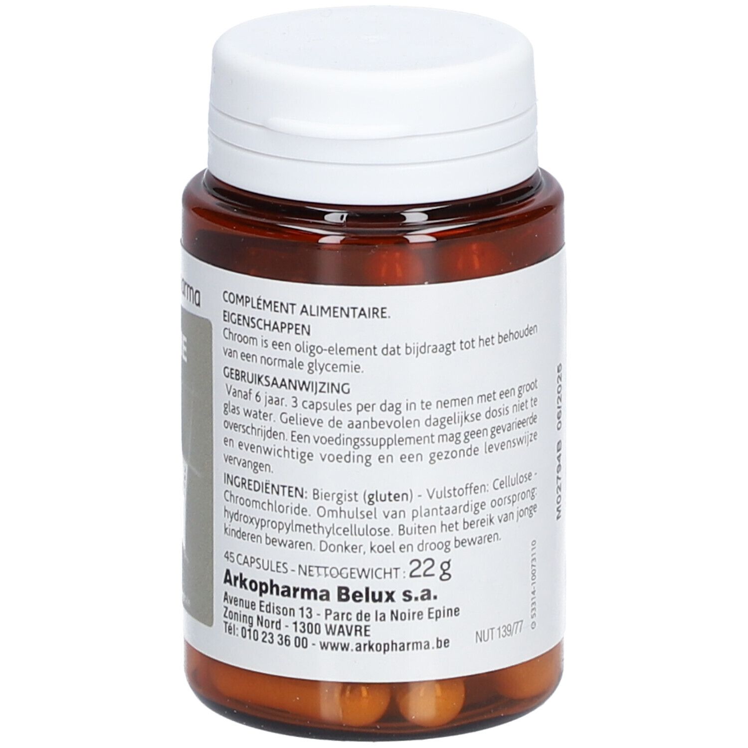 Bruine fles, witte dop. Etiket met tekst. 45 capsules. 22g. Arkopharma logo.