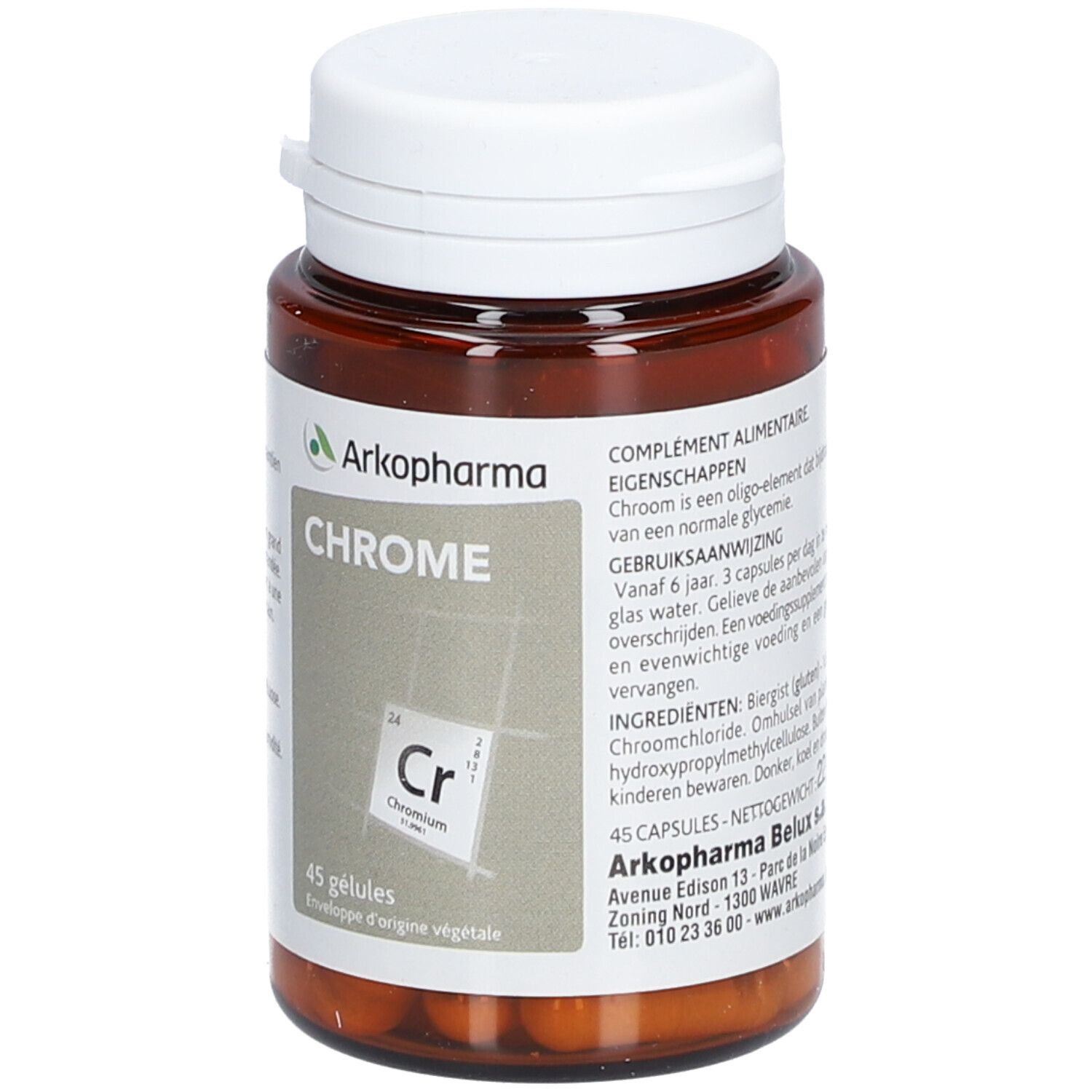 Bruine fles met witte dop. Etiket met Chrome en Arkopharma logo. 45 capsules.