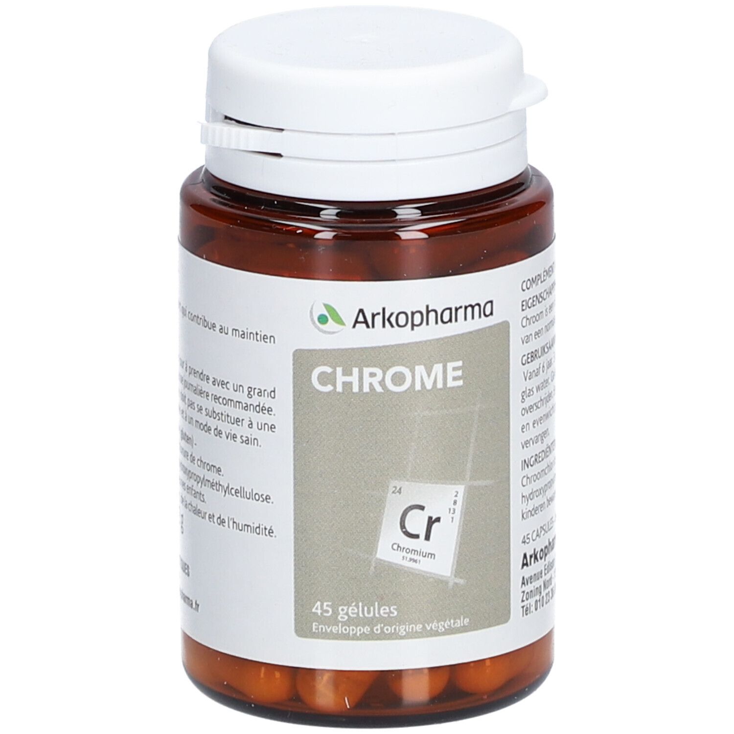 Bruine fles met witte dop. Etiket met Chrome en Arkopharma logo. 45 capsules.