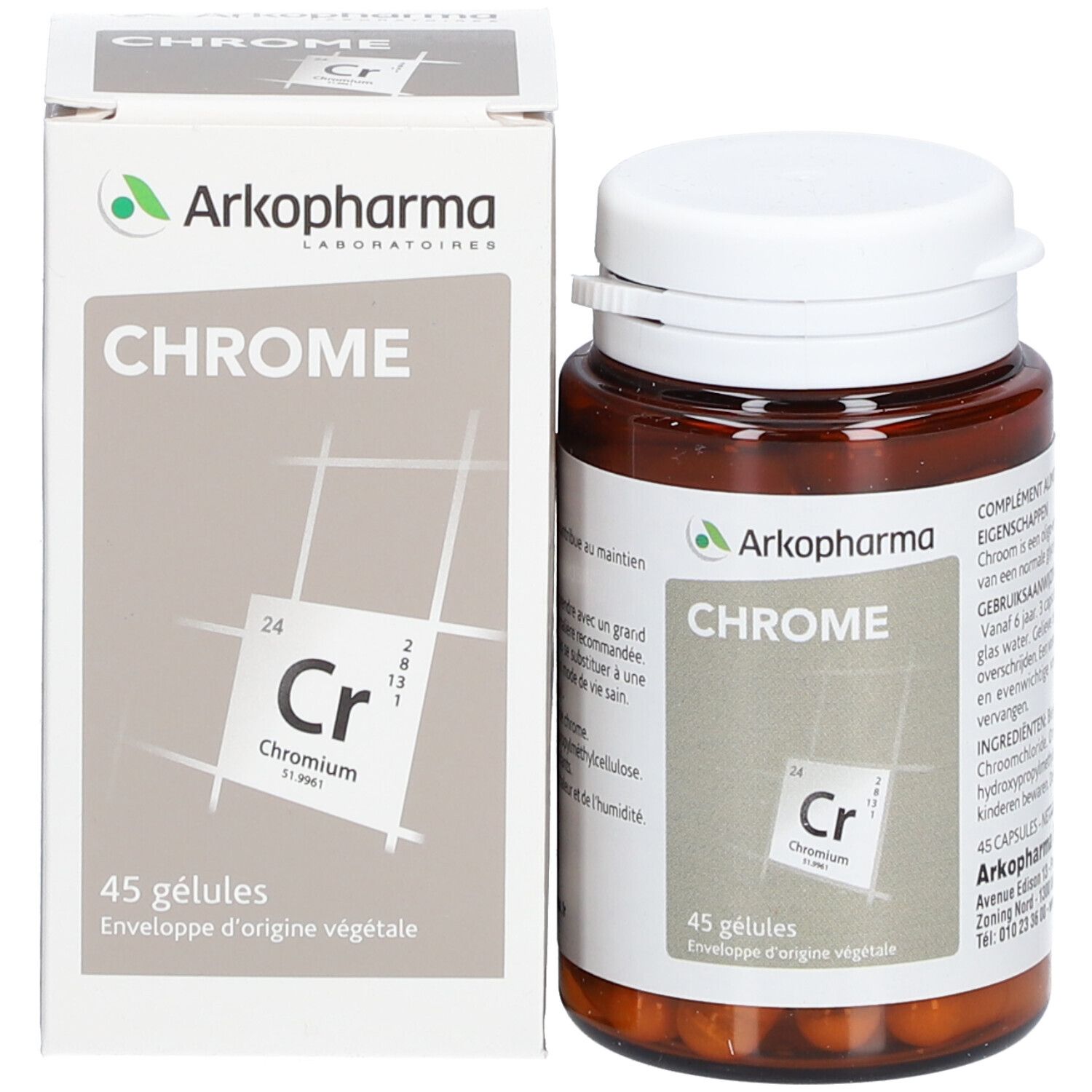 Bruine fles en doos. Op fles: Chrome, Arkopharma logo. Op doos: Chrome, 45 capsules.