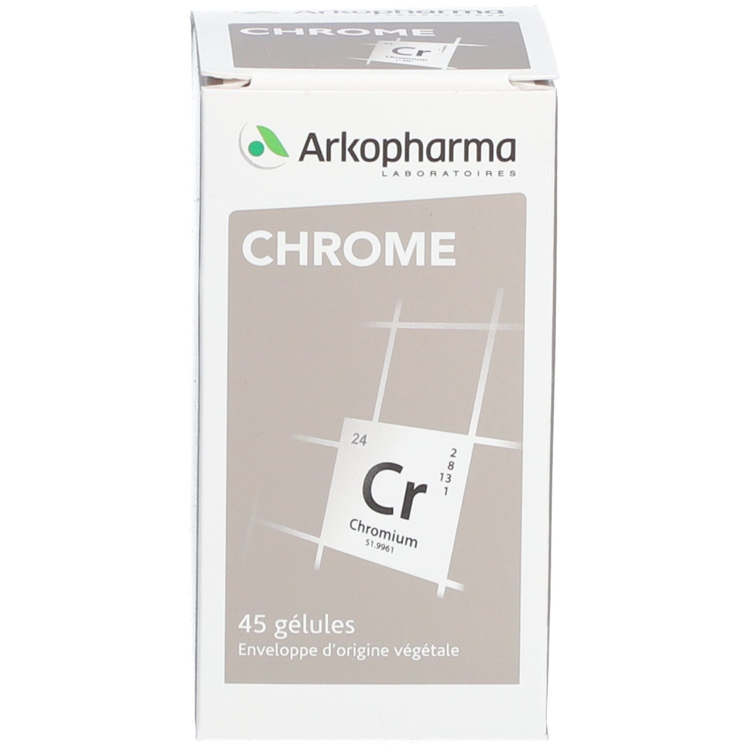 Witte doos met Chrome en Arkopharma logo. 45 capsules.