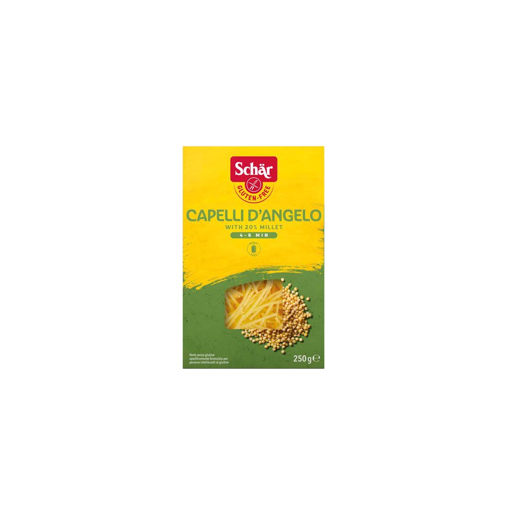 Boîte jaune de pâtes Capelli d'Angelo sans gluten. Fenêtre montrant les pâtes et le millet. Marque Schär. 250g.