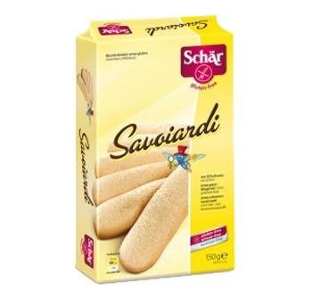 Boîte jaune "Schär Savoiardi". Biscuits sans gluten. Inscription "Savoiardi". 150g.