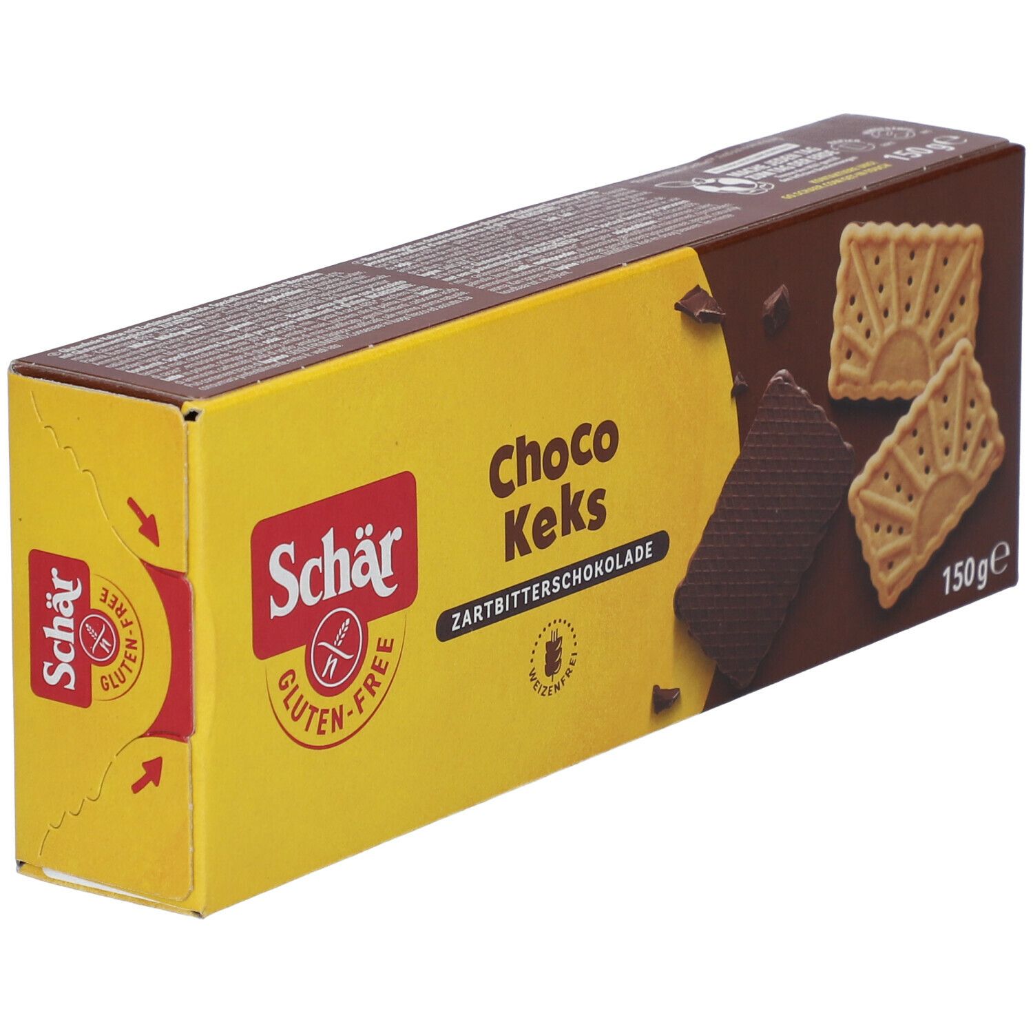 Boîte de Schär Choco Keks. Label sans gluten. Inscription : Choco Keks, chocolat noir, 150g. Représentation : biscuit et morceaux de chocolat.