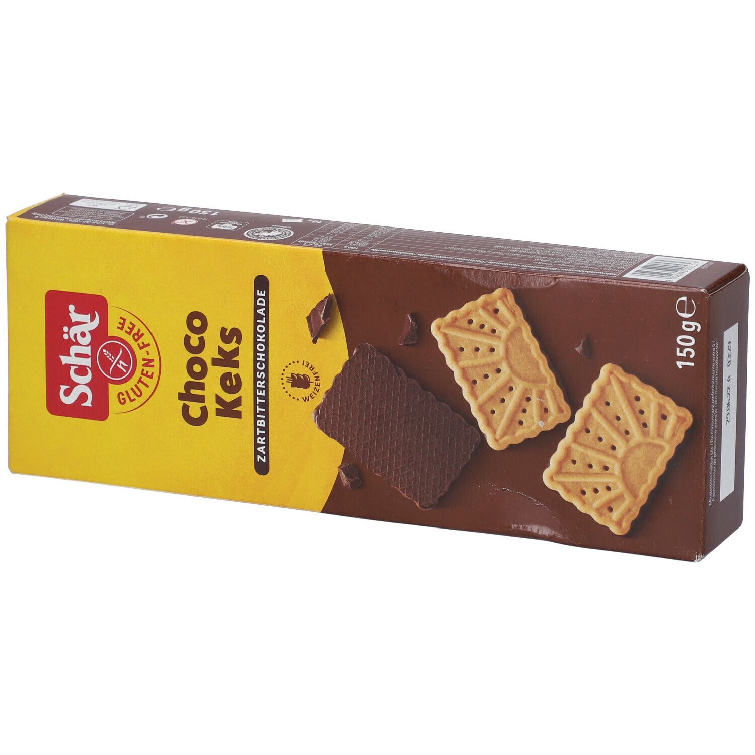 Boîte de Schär Choco Keks. Label sans gluten. Inscription : Choco Keks, chocolat noir, 150g. Représentation : biscuit et morceaux de chocolat.