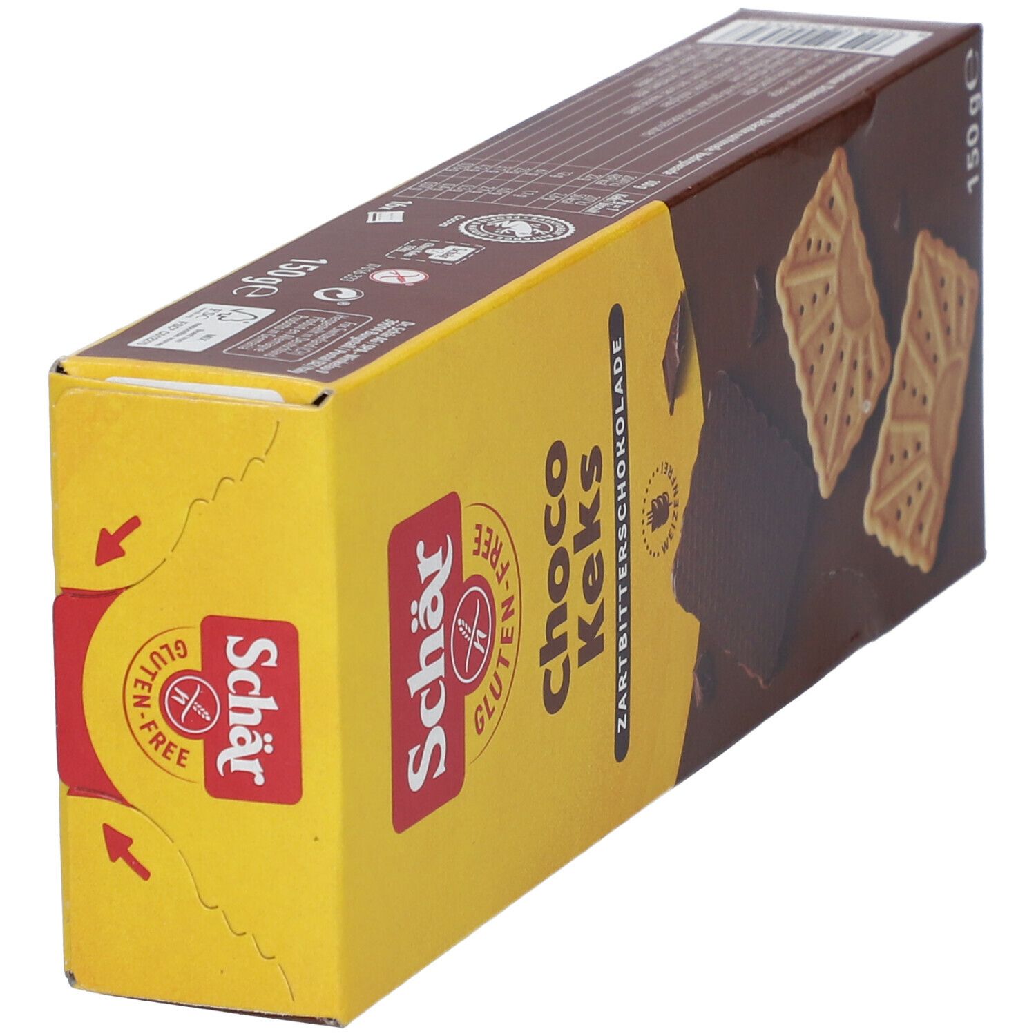 Boîte de Schär Choco Keks. Label sans gluten. Inscription : Choco Keks, chocolat noir, 150g. Représentation : biscuit et morceaux de chocolat.