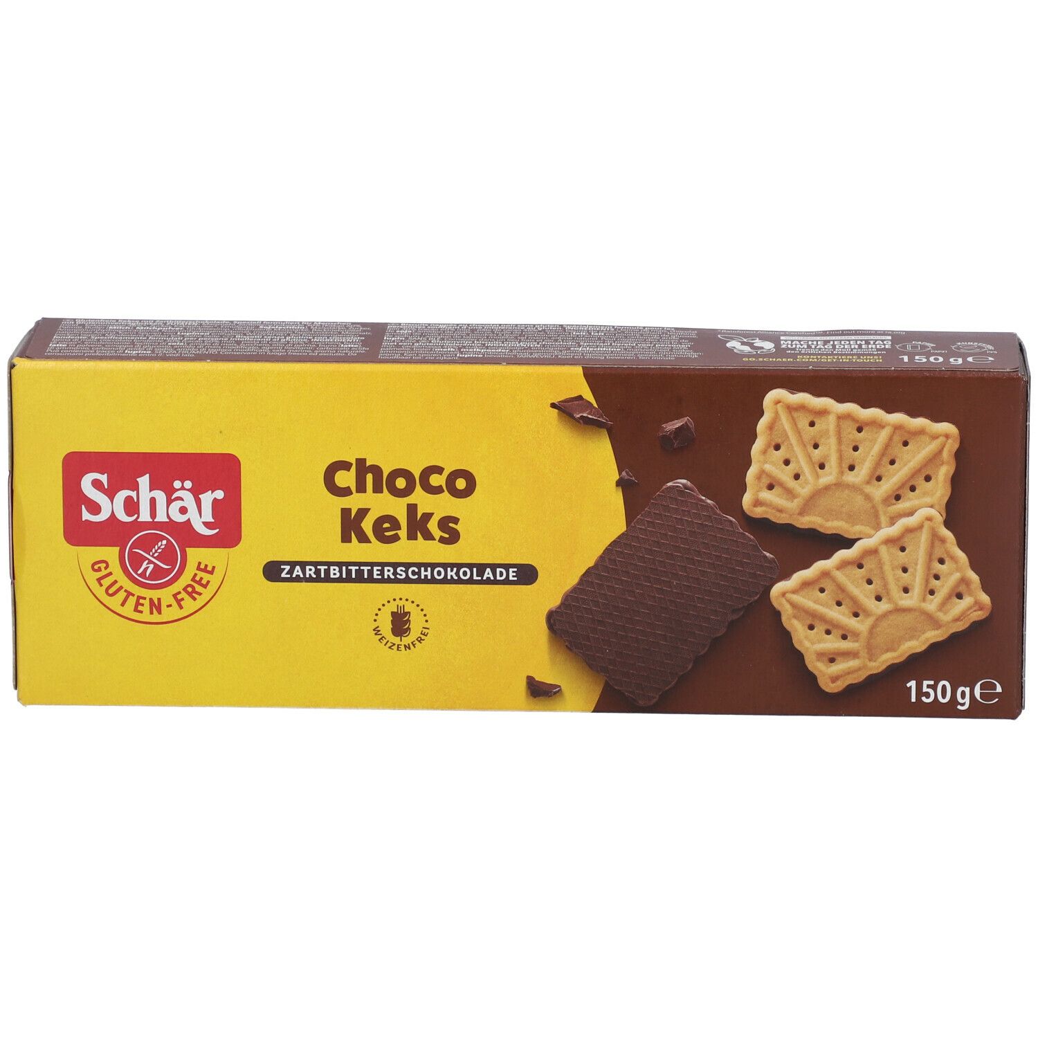 Boîte de Schär Choco Keks. Label sans gluten. Inscription : Choco Keks, chocolat noir, 150g. Représentation : biscuit et morceaux de chocolat.