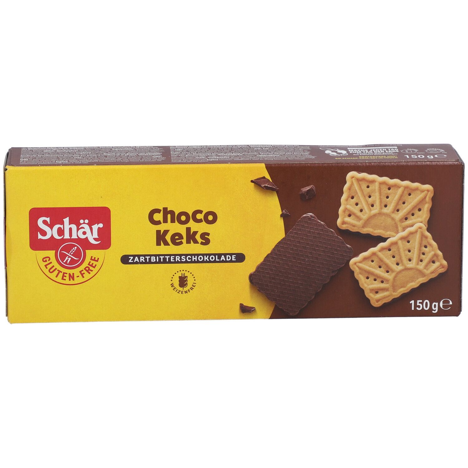 Boîte de Schär Choco Keks. Label sans gluten. Inscription : Choco Keks, chocolat noir, 150g. Représentation : biscuit et morceaux de chocolat.