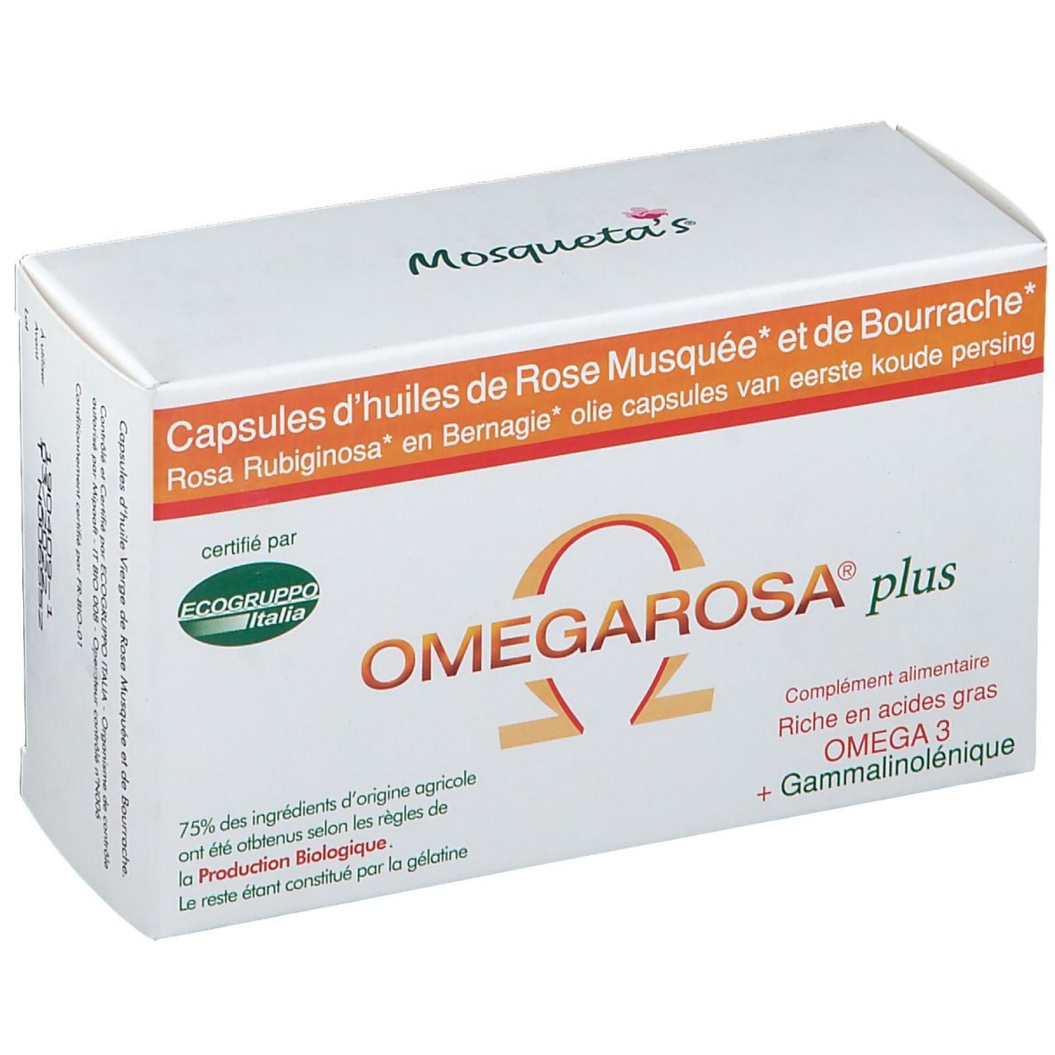 Witte doos met OMEGAROSA plus. Bevat capsules met Omega 3 en gamma-linoleenzuur. Gecertificeerd door Ecogruppo Italia.