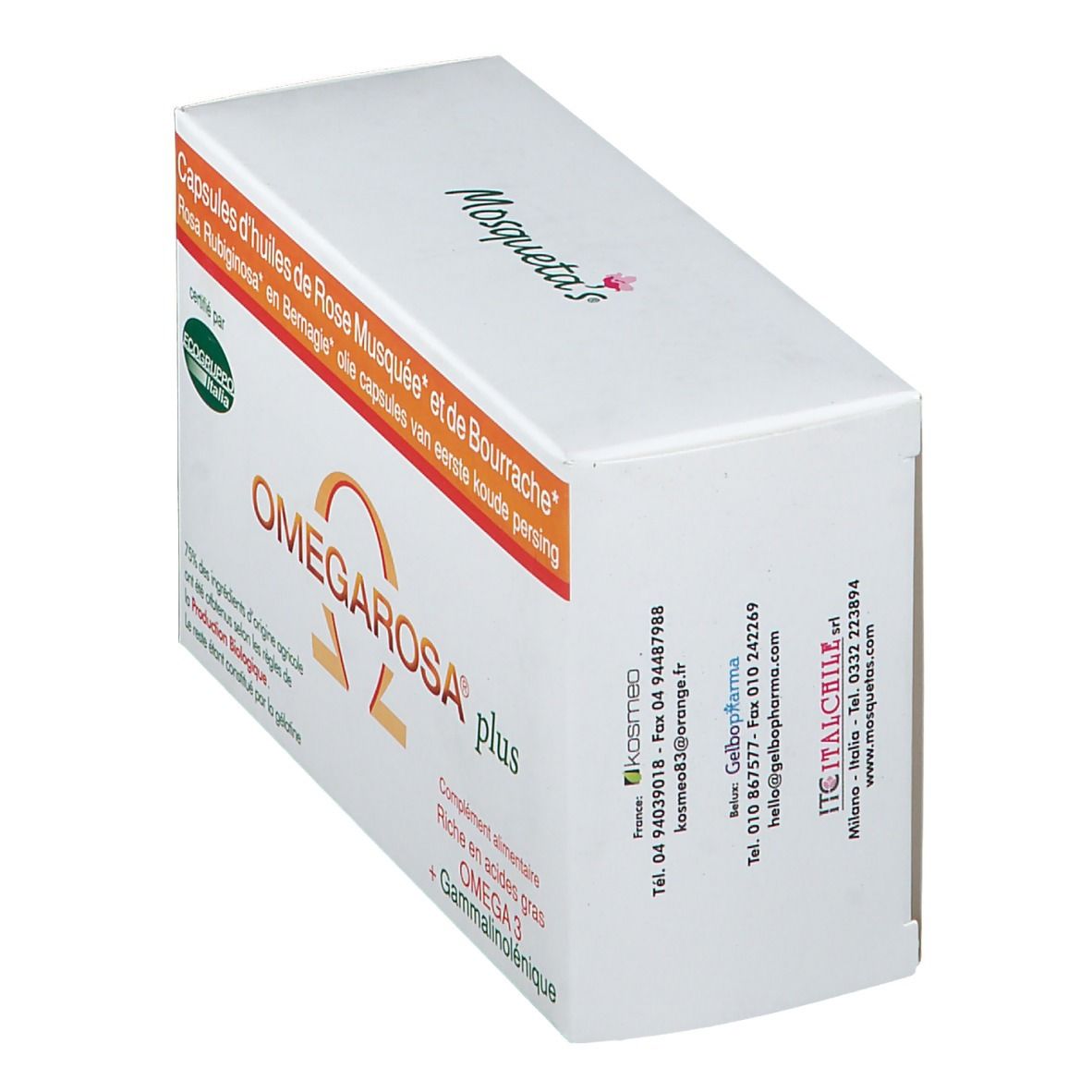 Schuine witte doos met OMEGAROSA plus. Opschrift: capsules met Omega 3 en gamma-linoleenzuur. Gecertificeerd door Ecogruppo Italia.