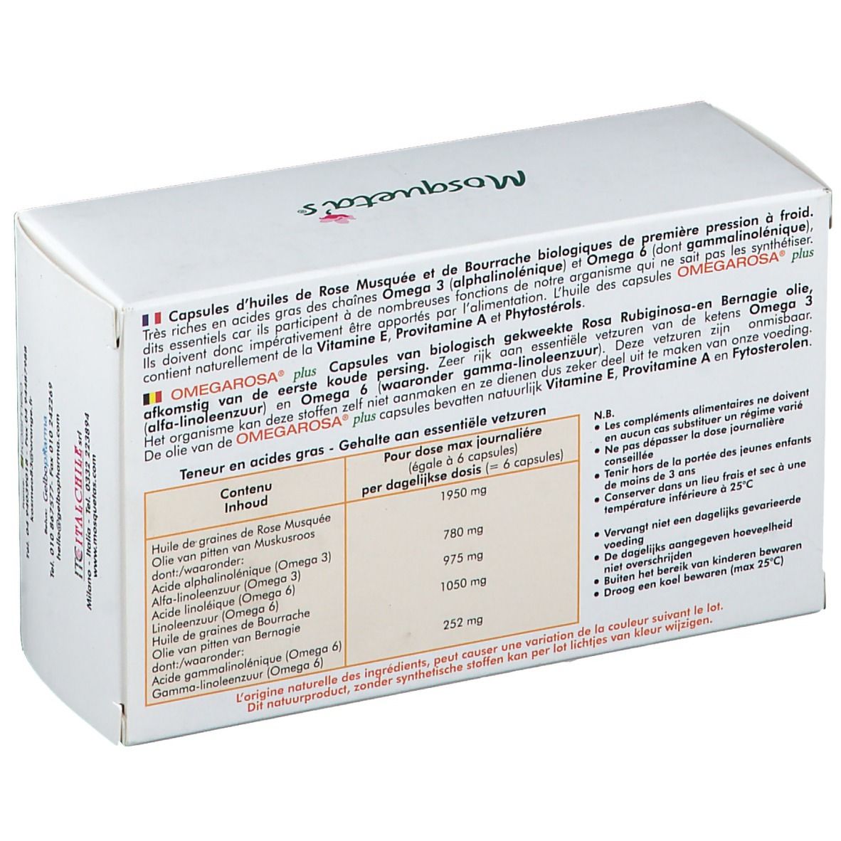 Achterkant van de witte doos met voedingsinformatie. Bevat Omega 3 en gamma-linoleenzuur. Voor 6 capsules.
