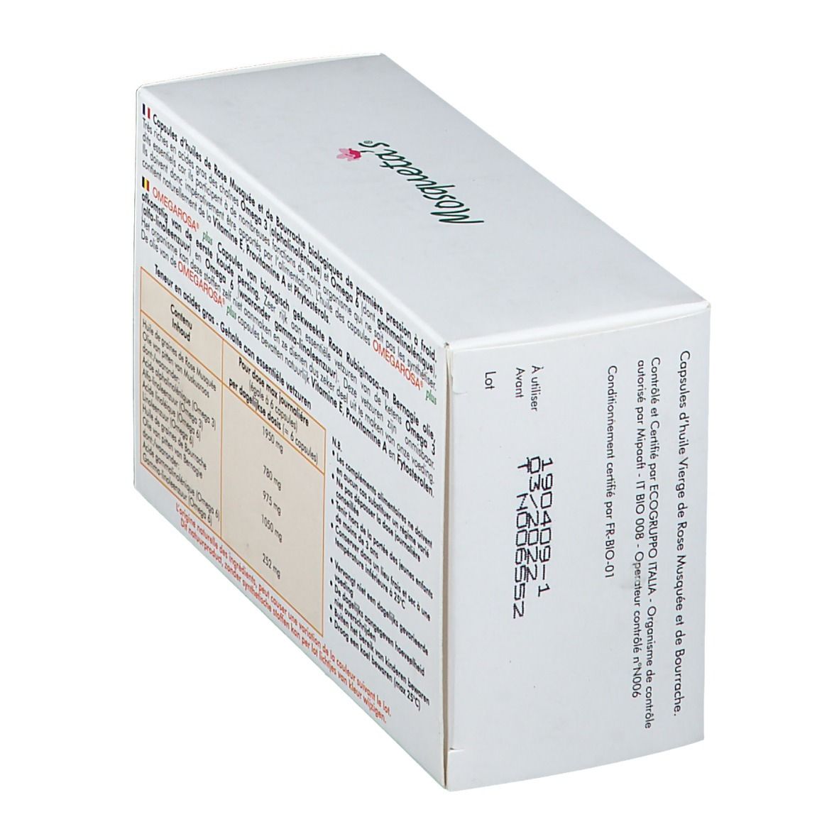 Schuine witte doos met tekst. Bevat Omega 3 en gamma-linoleenzuur. Gecertificeerd Ecogruppo Italia.