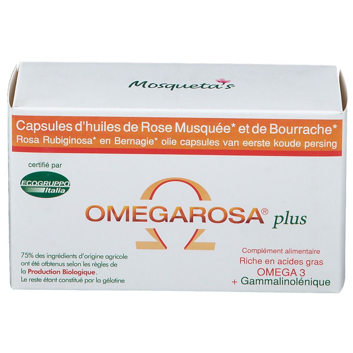 Witte doos met OMEGAROSA plus. Bevat capsules met Omega 3 en gamma-linoleenzuur. Gecertificeerd door Ecogruppo Italia.