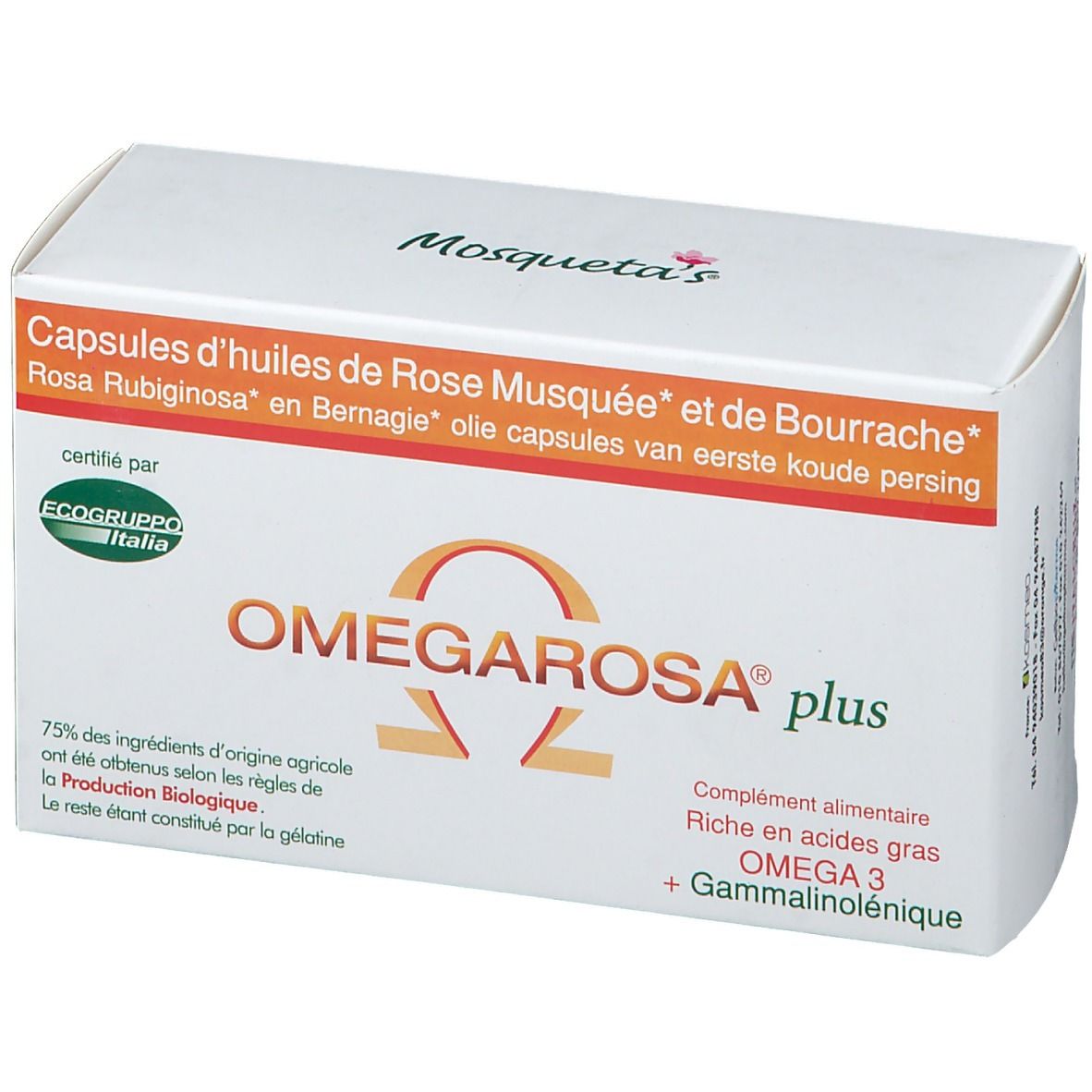 Witte doos met OMEGAROSA plus. Bevat capsules met Omega 3 en gamma-linoleenzuur. Gecertificeerd door Ecogruppo Italia.