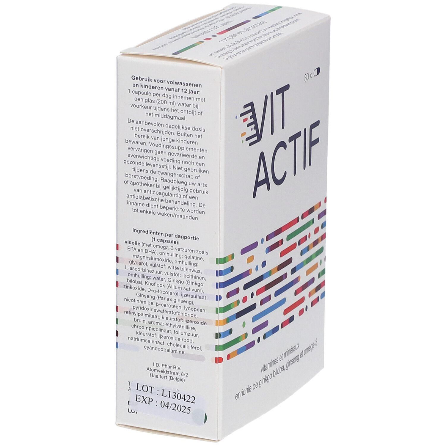 Boîte blanche "VIT ACTIF". Contient 30 capsules. Inscription : vitamines et minéraux, enrichi en ginkgo biloba, ginseng et oméga-3. Texte au dos.