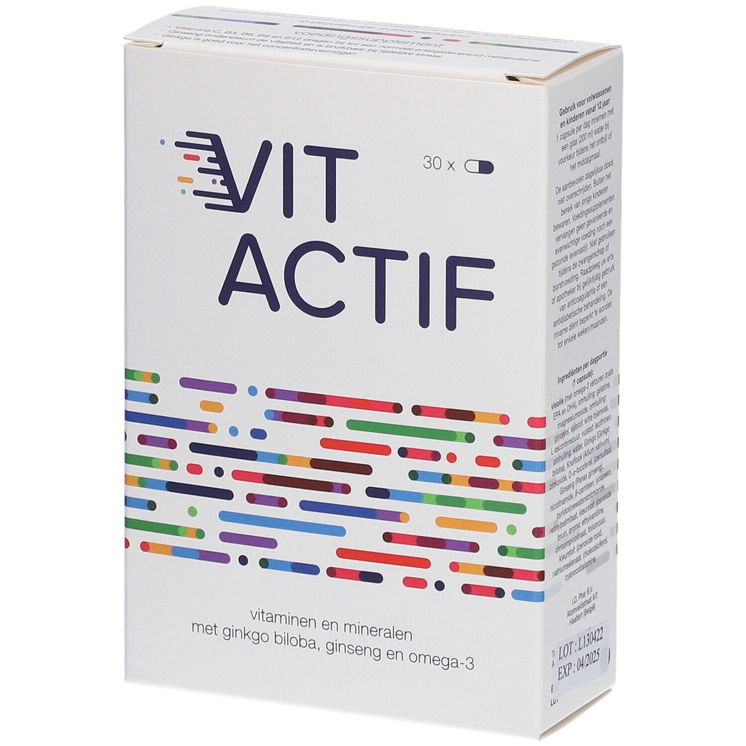 Boîte blanche "VIT ACTIF". Contient 30 capsules. Inscription : vitamines et minéraux, enrichi en ginkgo biloba, ginseng et oméga-3.