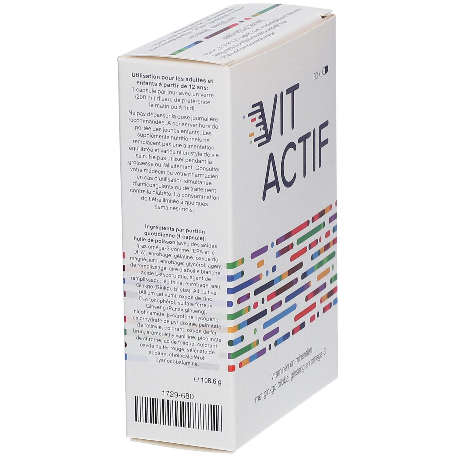 Boîte blanche "VIT ACTIF". Contient 30 capsules. Inscription : vitamines et minéraux, enrichi en ginkgo biloba, ginseng et oméga-3. Vue latérale.