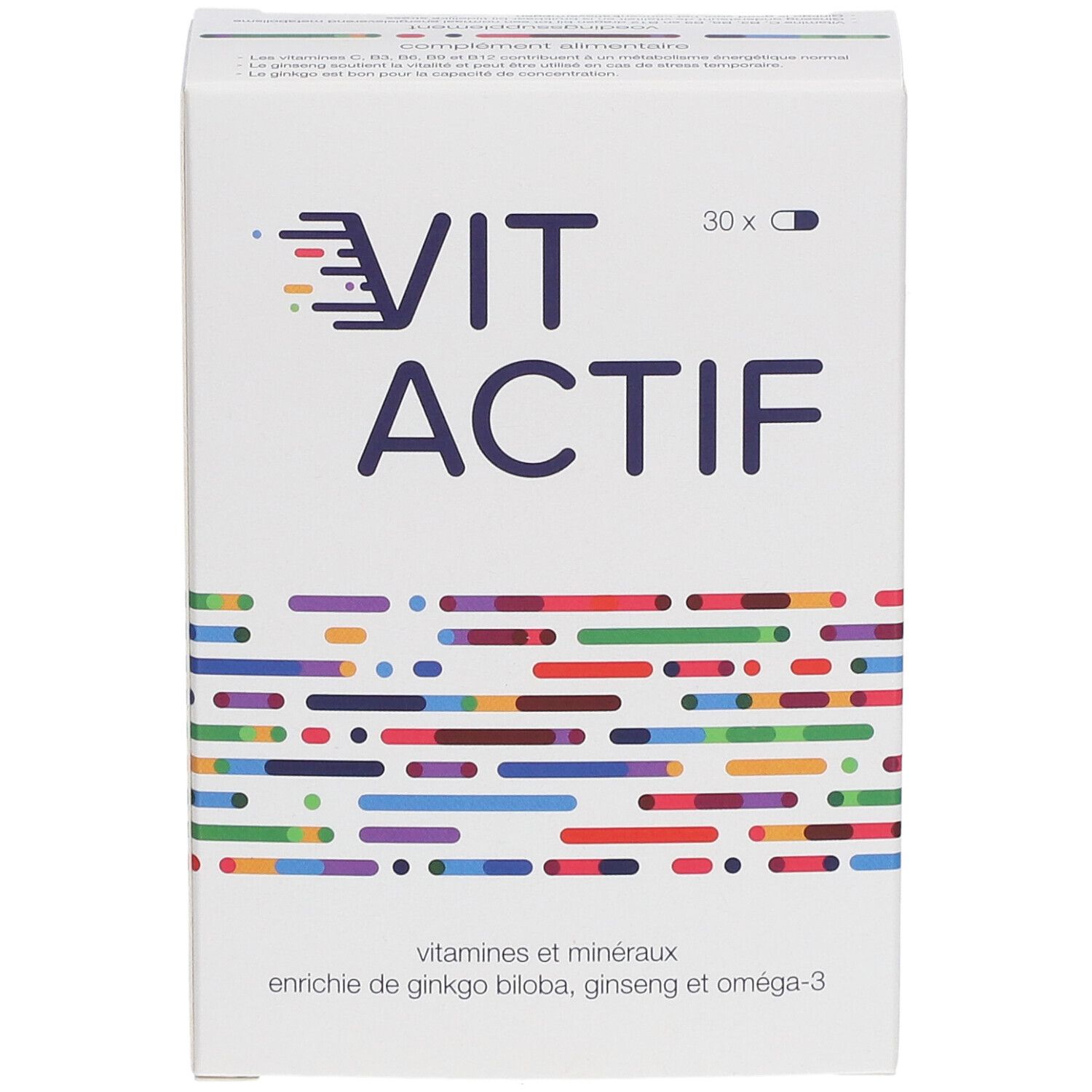 Boîte blanche "VIT ACTIF". Contient 30 capsules. Inscription : vitamines et minéraux, enrichi en ginkgo biloba, ginseng et oméga-3.