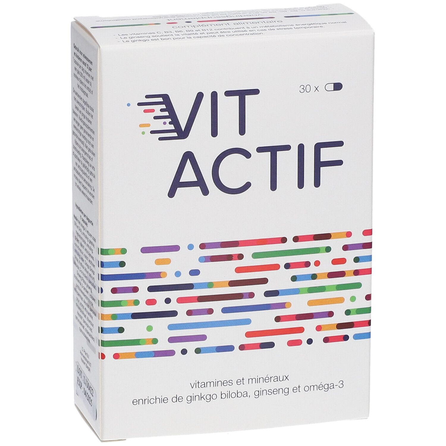 Boîte blanche "VIT ACTIF". Contient 30 capsules. Inscription : vitamines et minéraux, enrichi en ginkgo biloba, ginseng et oméga-3.