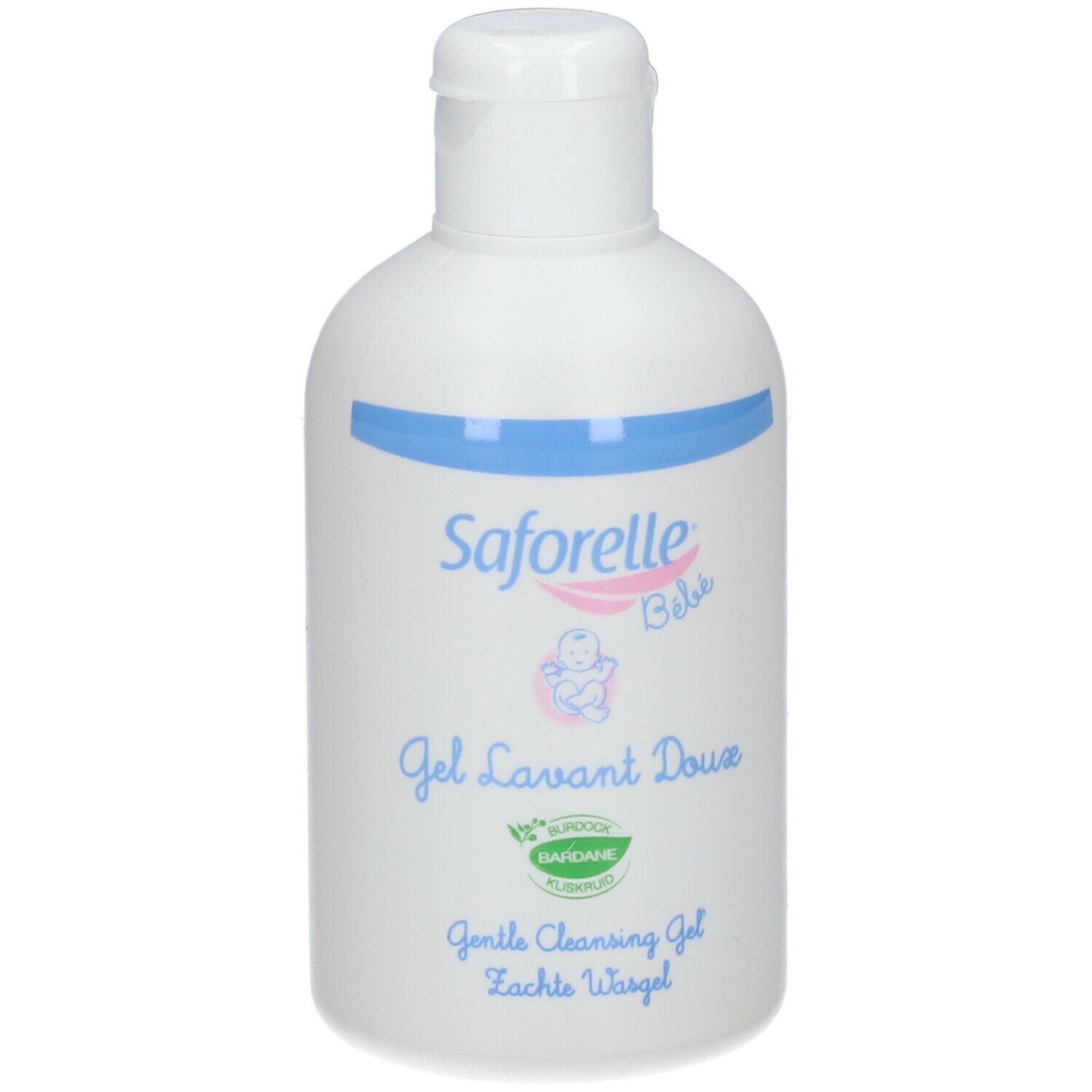 Witte fles met blauwe band. Saforelle bébé Gel Lavant Doux. Groen logo. Opschrift: Gentle Cleansing Gel.
