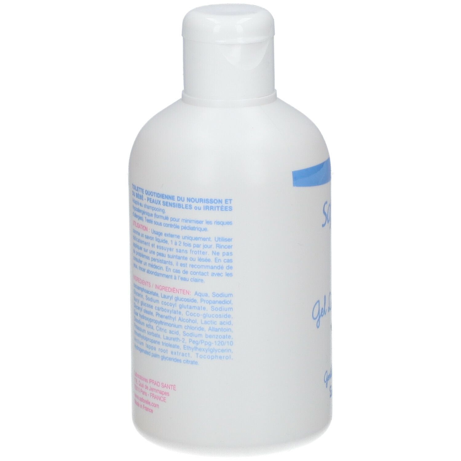 Witte fles met tekst. Saforelle bébé Gel Lavant Doux. Tekst met ingrediënten en gebruiksaanwijzing.