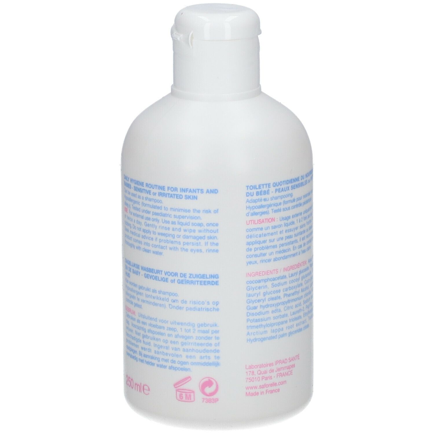 Witte fles met tekst. Saforelle bébé Gel Lavant Doux. Tekst met ingrediënten en gebruiksaanwijzing.