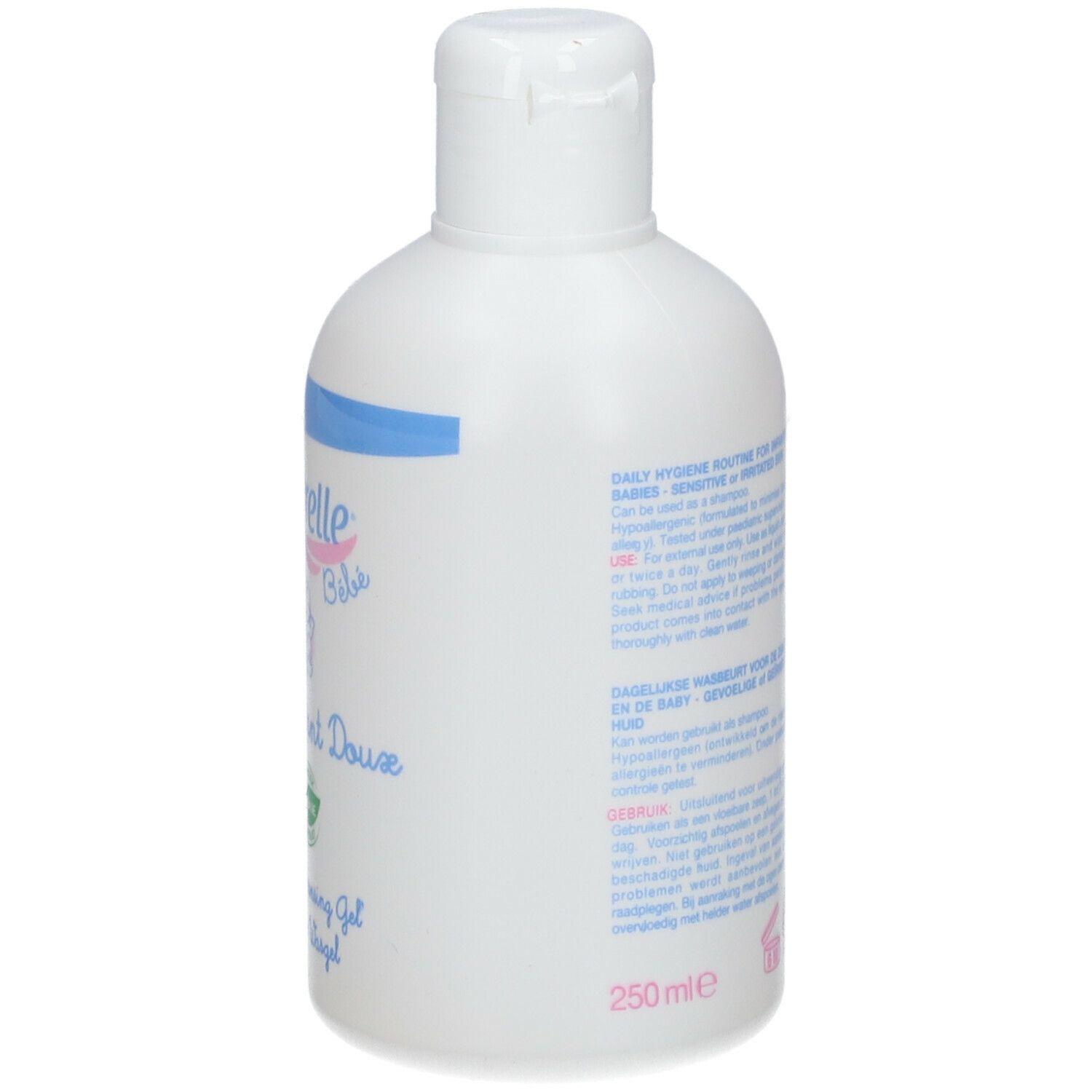 Witte fles met tekst. Saforelle bébé Gel Lavant Doux. Tekst met ingrediënten en gebruiksaanwijzing.