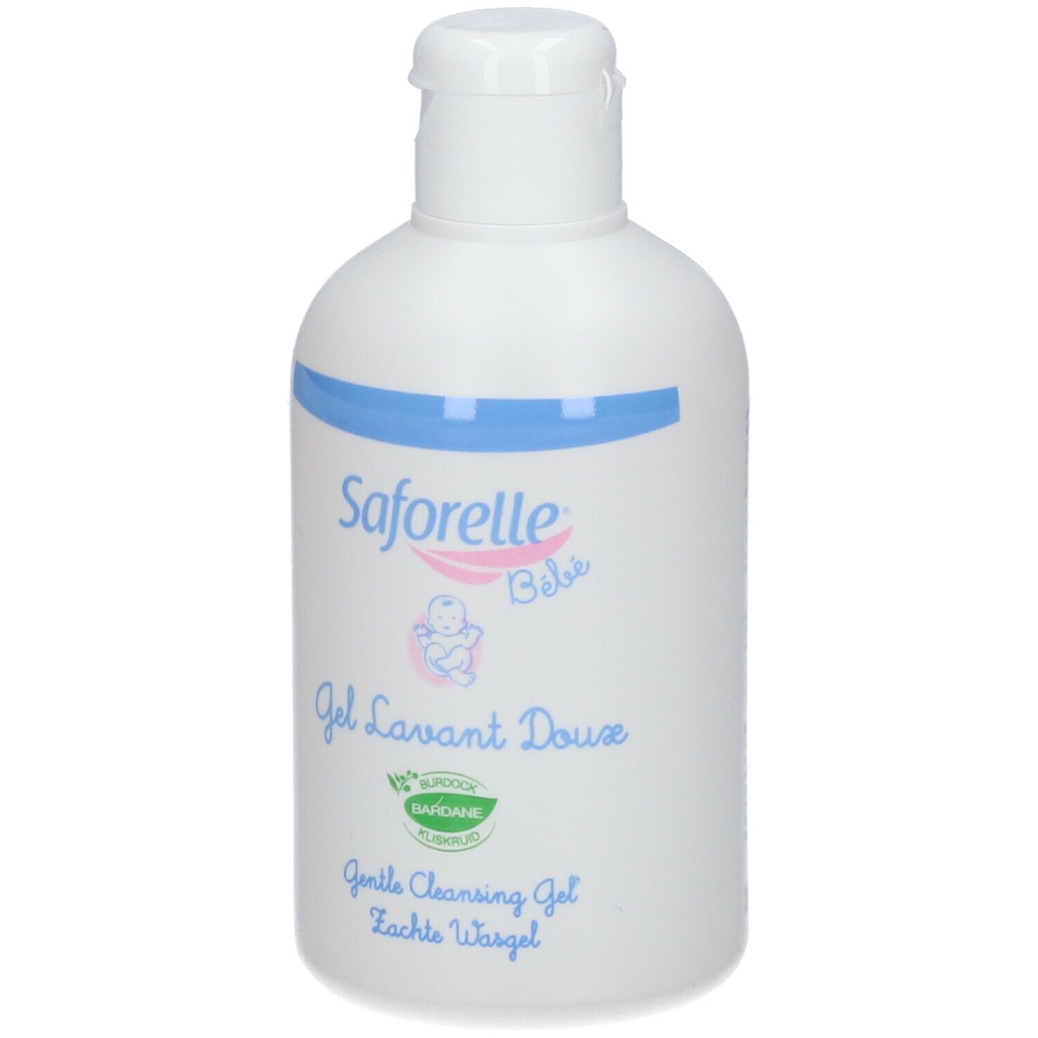 Witte fles met blauwe band. Saforelle bébé Gel Lavant Doux. Groen logo. Opschrift: Gentle Cleansing Gel.