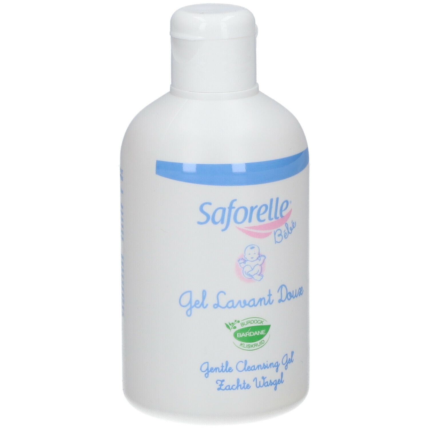 Witte fles met blauwe band. Saforelle bébé Gel Lavant Doux. Groen logo. Opschrift: Gentle Cleansing Gel.