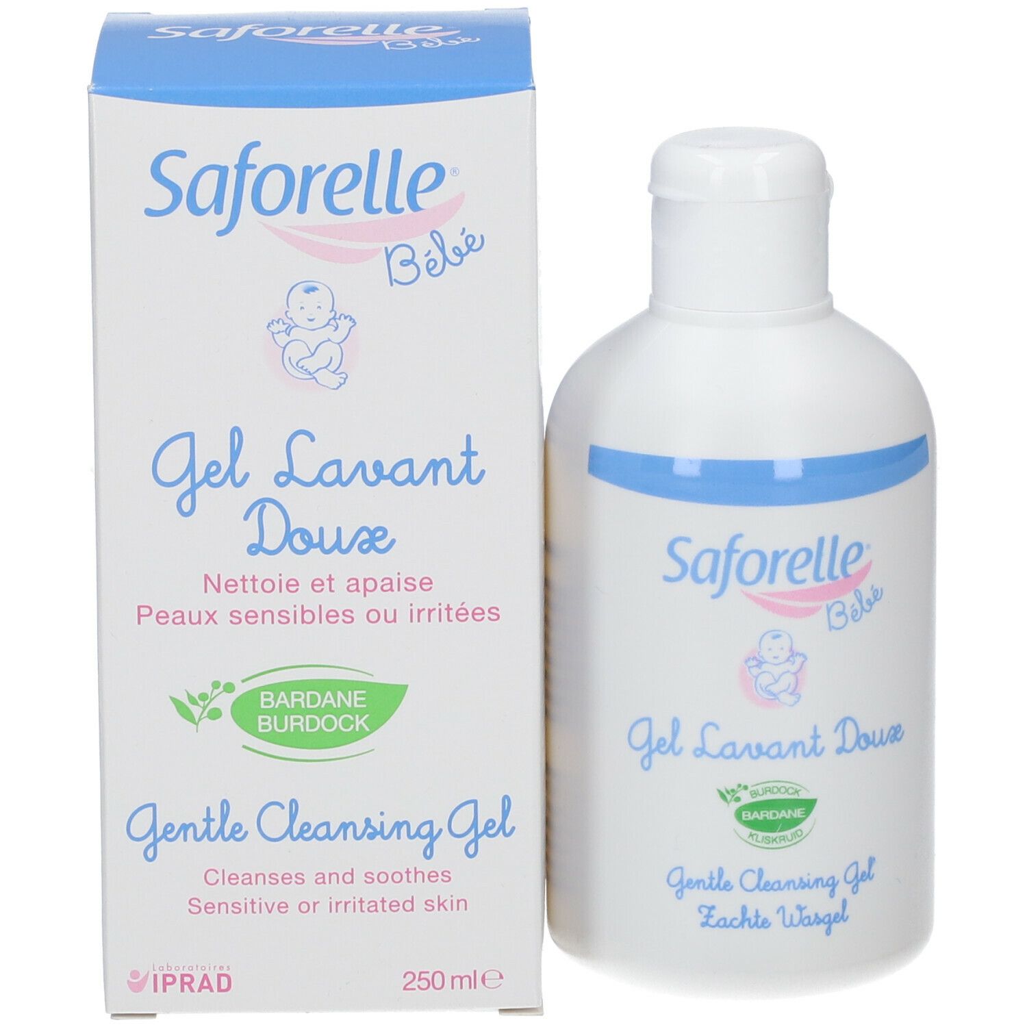 Product en verpakking. Saforelle bébé Gel Lavant Doux. Opschrift: Gentle Cleansing Gel. 250 ml.