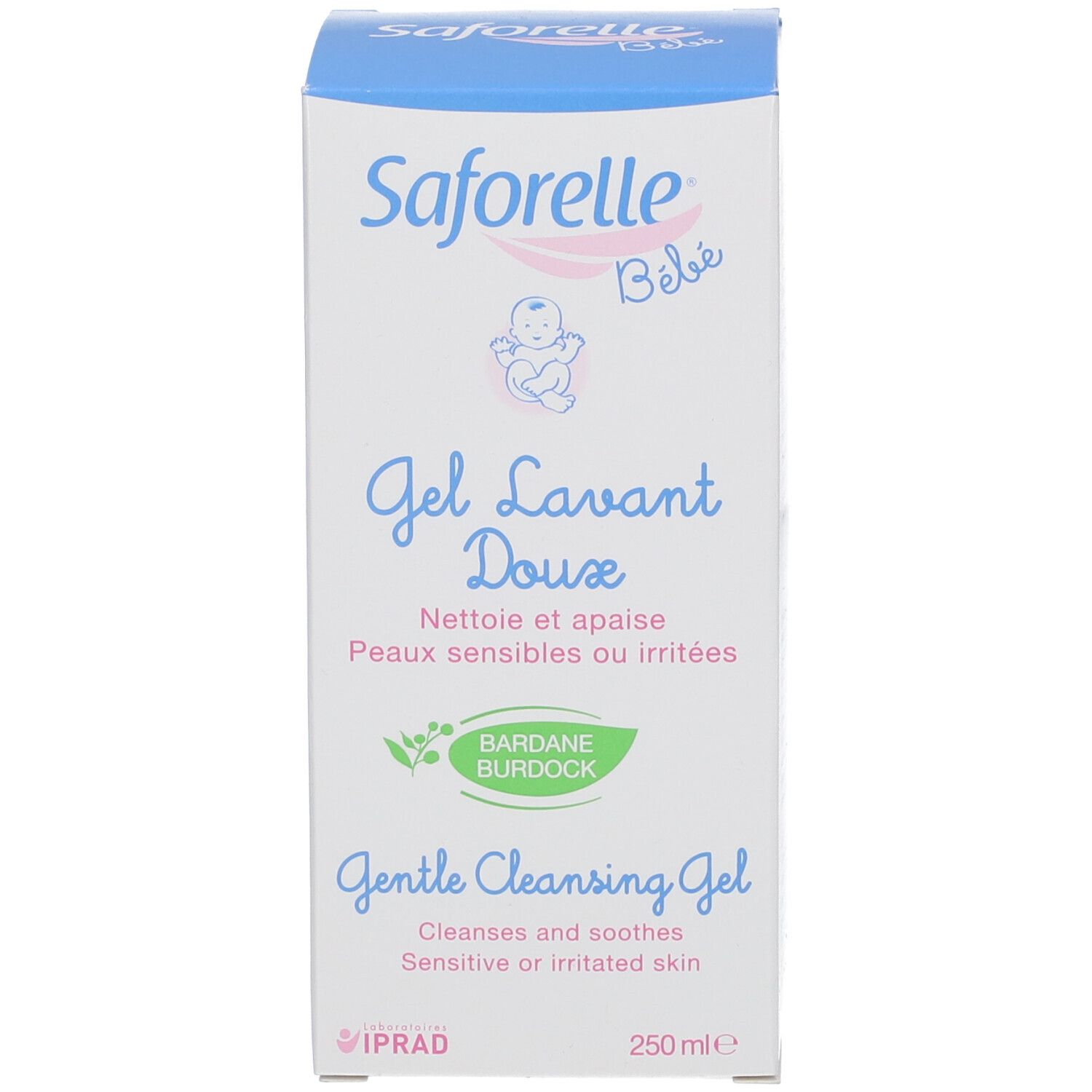 Verpakking. Saforelle bébé Gel Lavant Doux. Opschrift: Gentle Cleansing Gel. 250 ml.