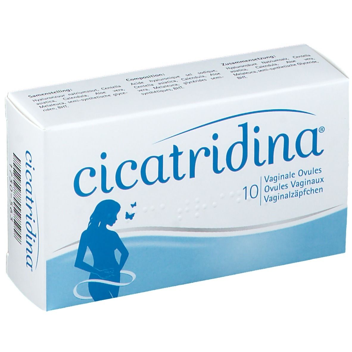 Boîte de "cicatridina" ovules vaginaux. Écriture et graphique bleus d'une femme. 10 ovules.