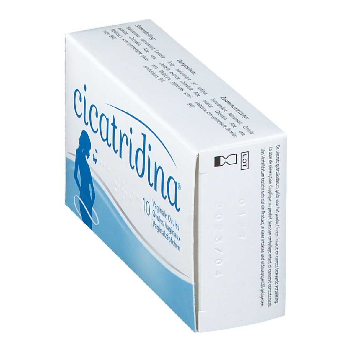 Boîte "cicatridina" ovules vaginaux. Graphique bleu d'une femme. 10 ovules. Vue latérale avec texte.
