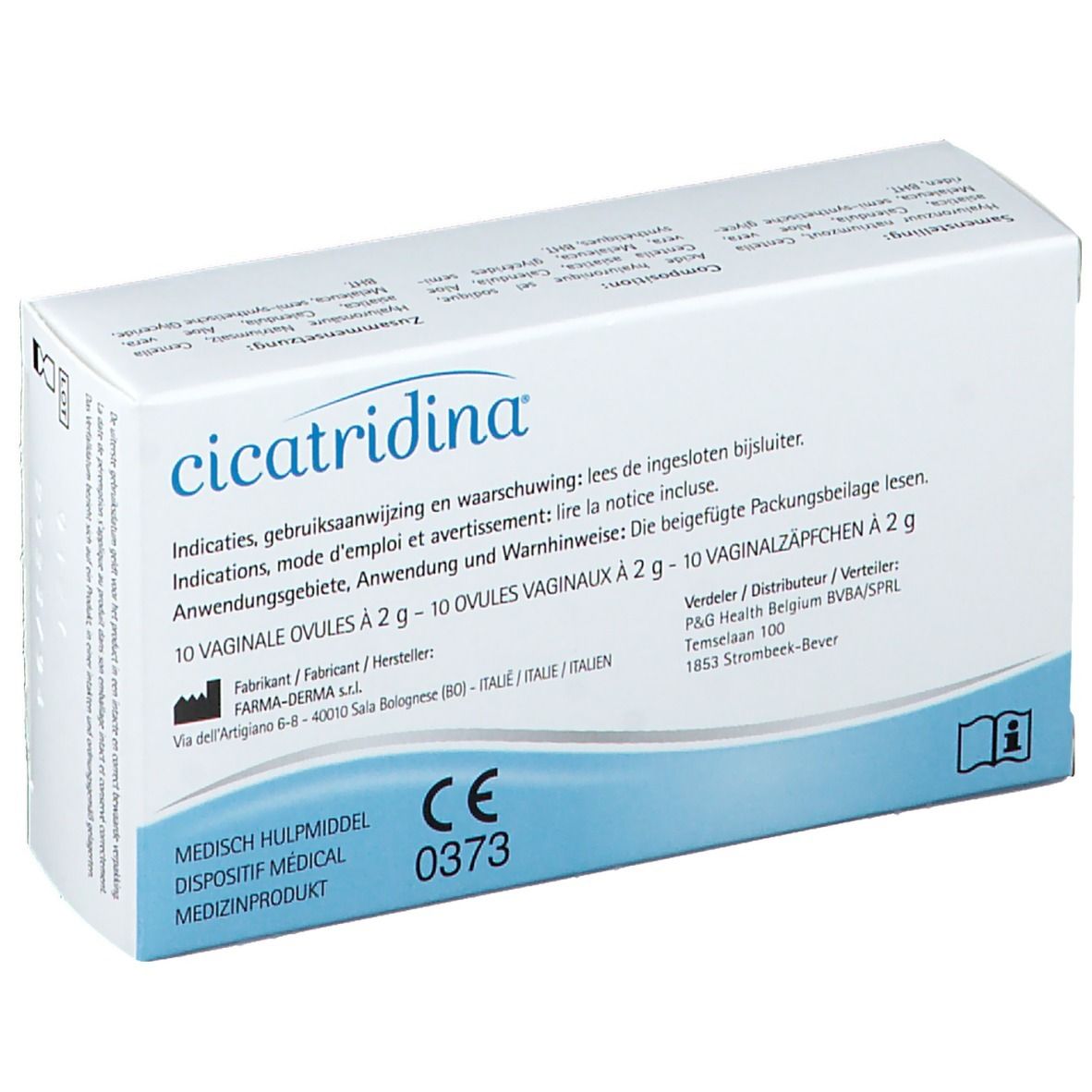 Boîte "cicatridina" ovules vaginaux. Texte multilingue. Marquage CE. 10 ovules.