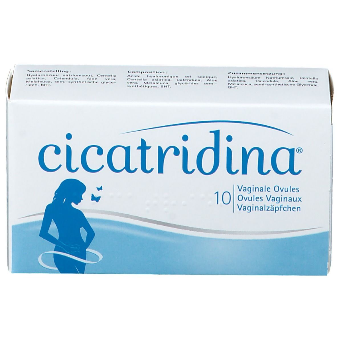 Boîte "cicatridina" ovules vaginaux. Écriture et graphique bleus d'une femme. 10 ovules.