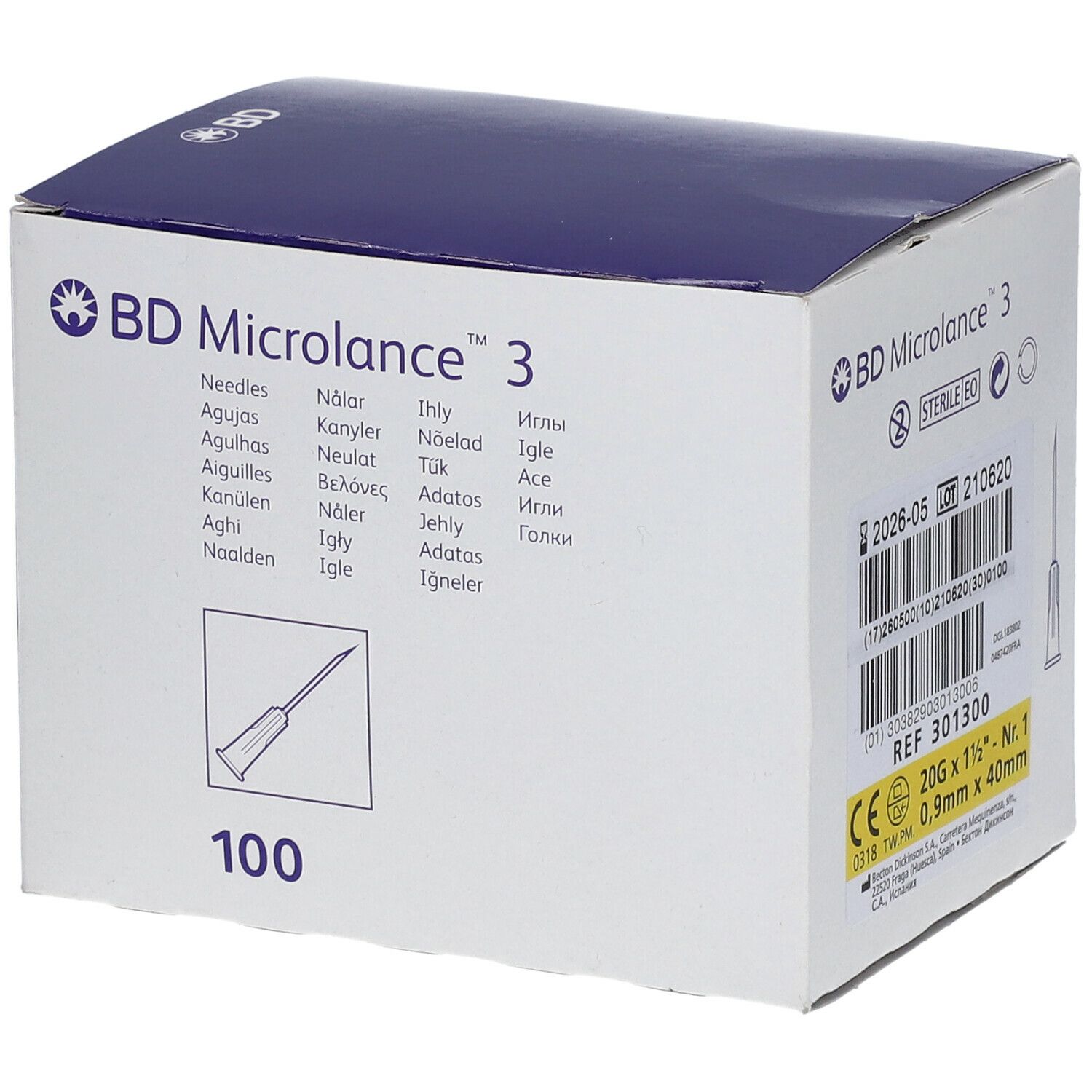Boîte de BD Microlance 3. 100 aiguilles. Inscriptions : BD Microlance 3, illustration d'aiguille, indications de taille.